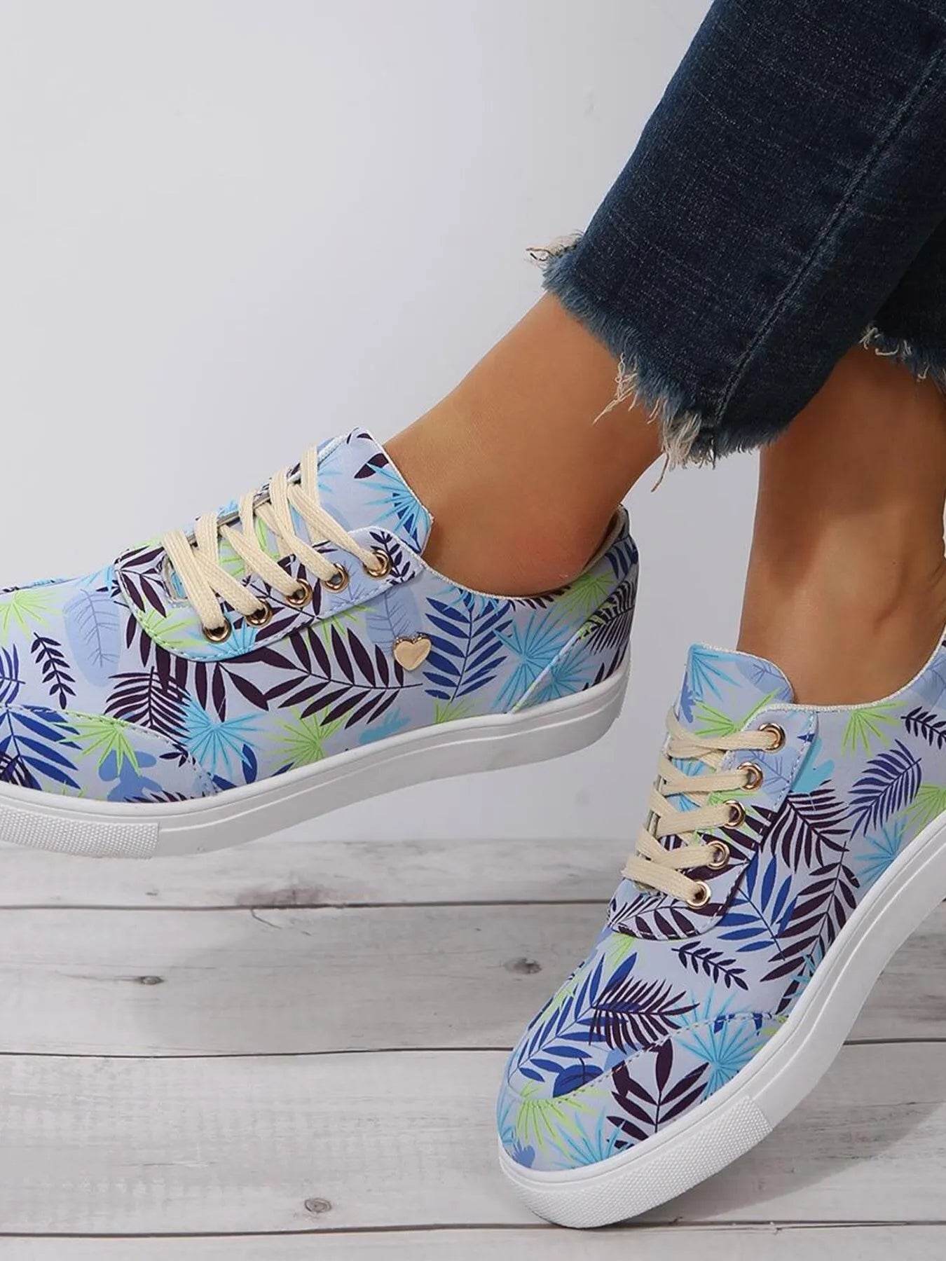 Tropical Leaf Print Canvas Sneakers - ELY VESSA LLC