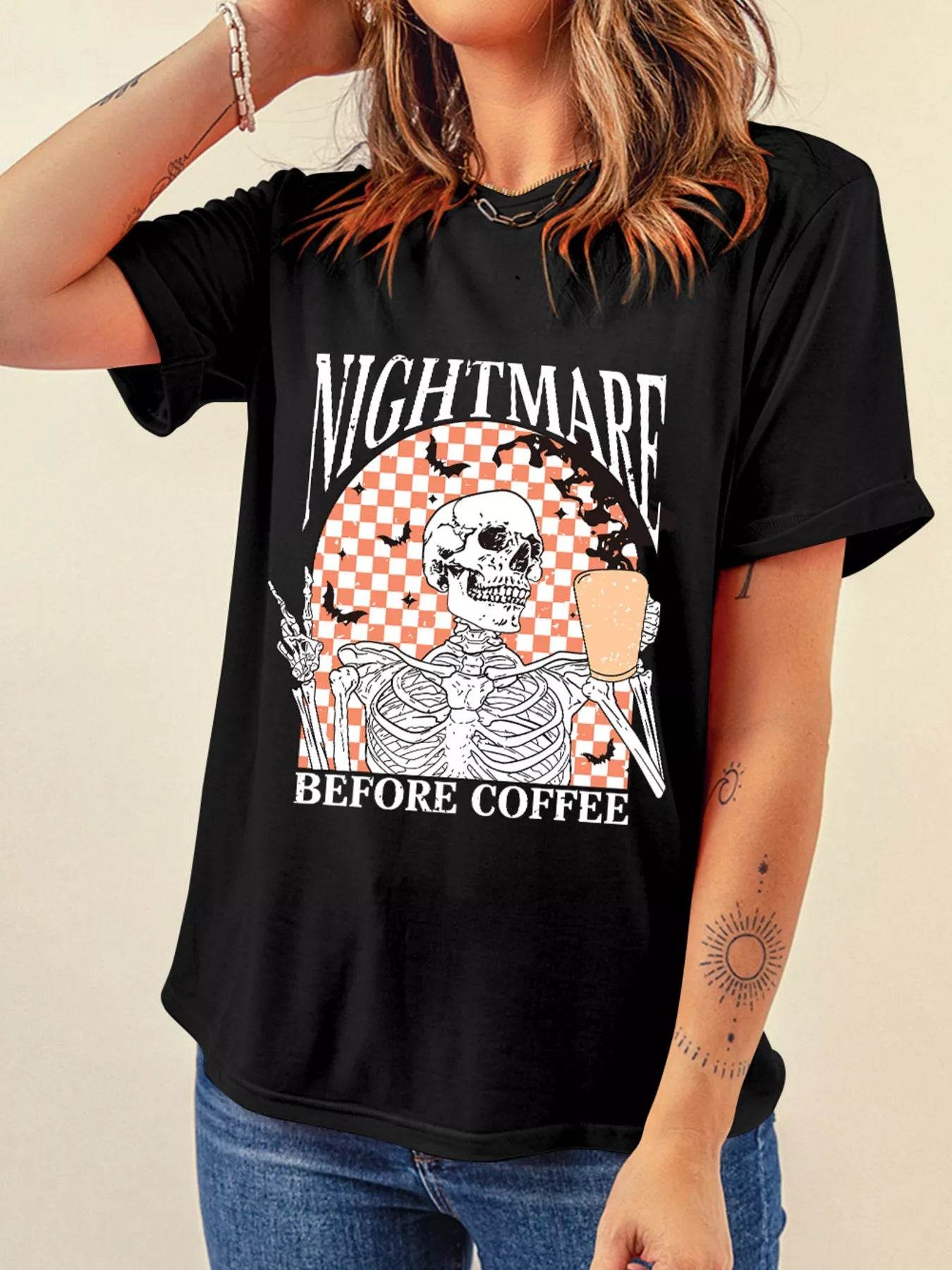 Halloween Skull Checkerboard Graphic Round Neck T-Shirt - ELY VESSA LLC