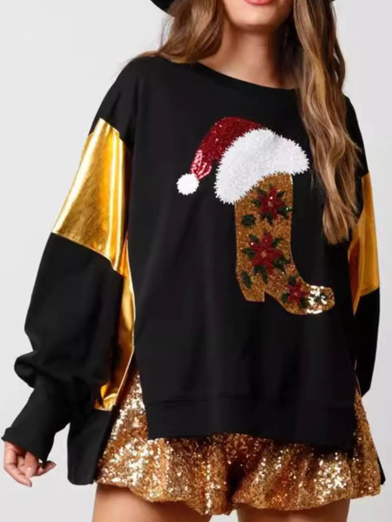 Christmas Sequin Boot Long Sleeve Sweatshirt - ELY VESSA LLC