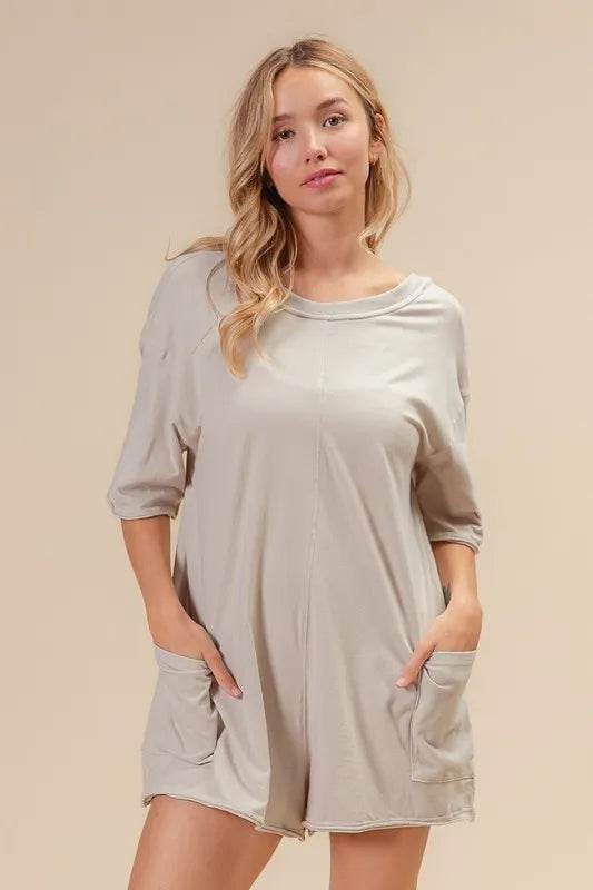 BiBi Short Sleeve Back Open Washed Romper - ELY VESSA LLC
