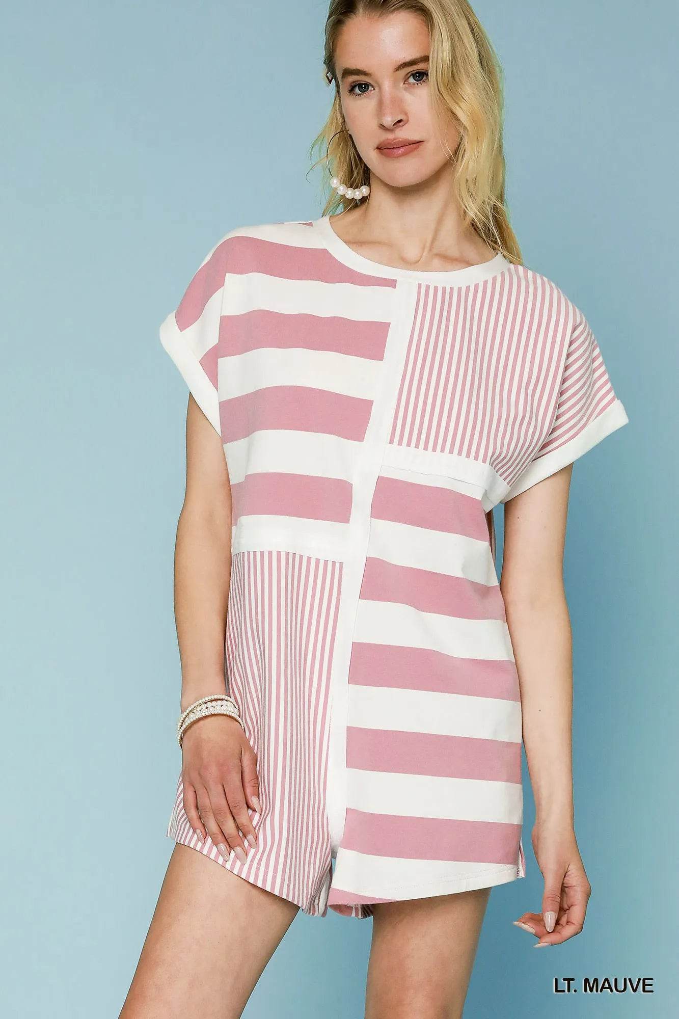 Umgee Mixed Striped Short Sleeve Romper - ELY VESSA LLC