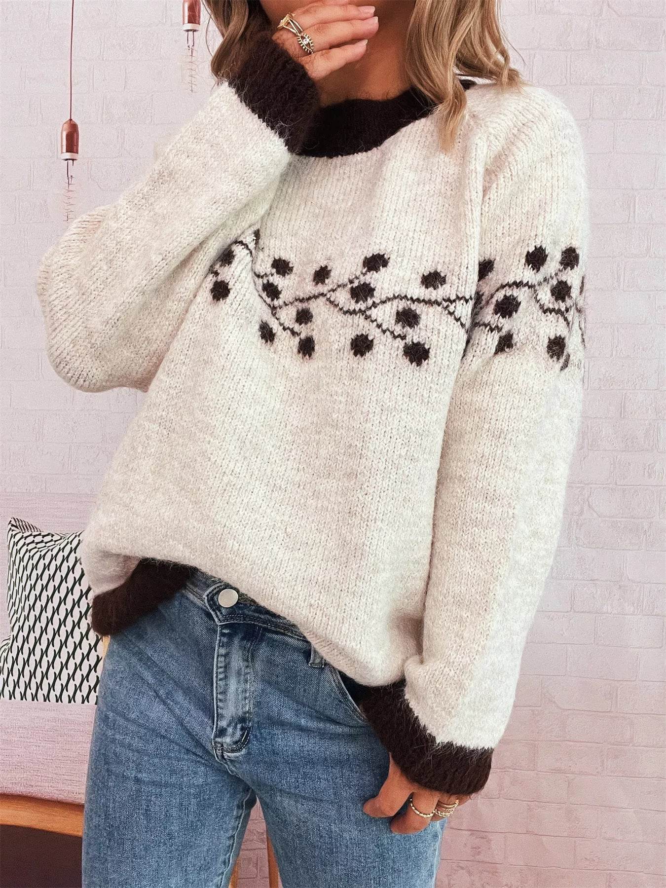 Contrast Hem Round Neck Sweater - ELY VESSA LLC
