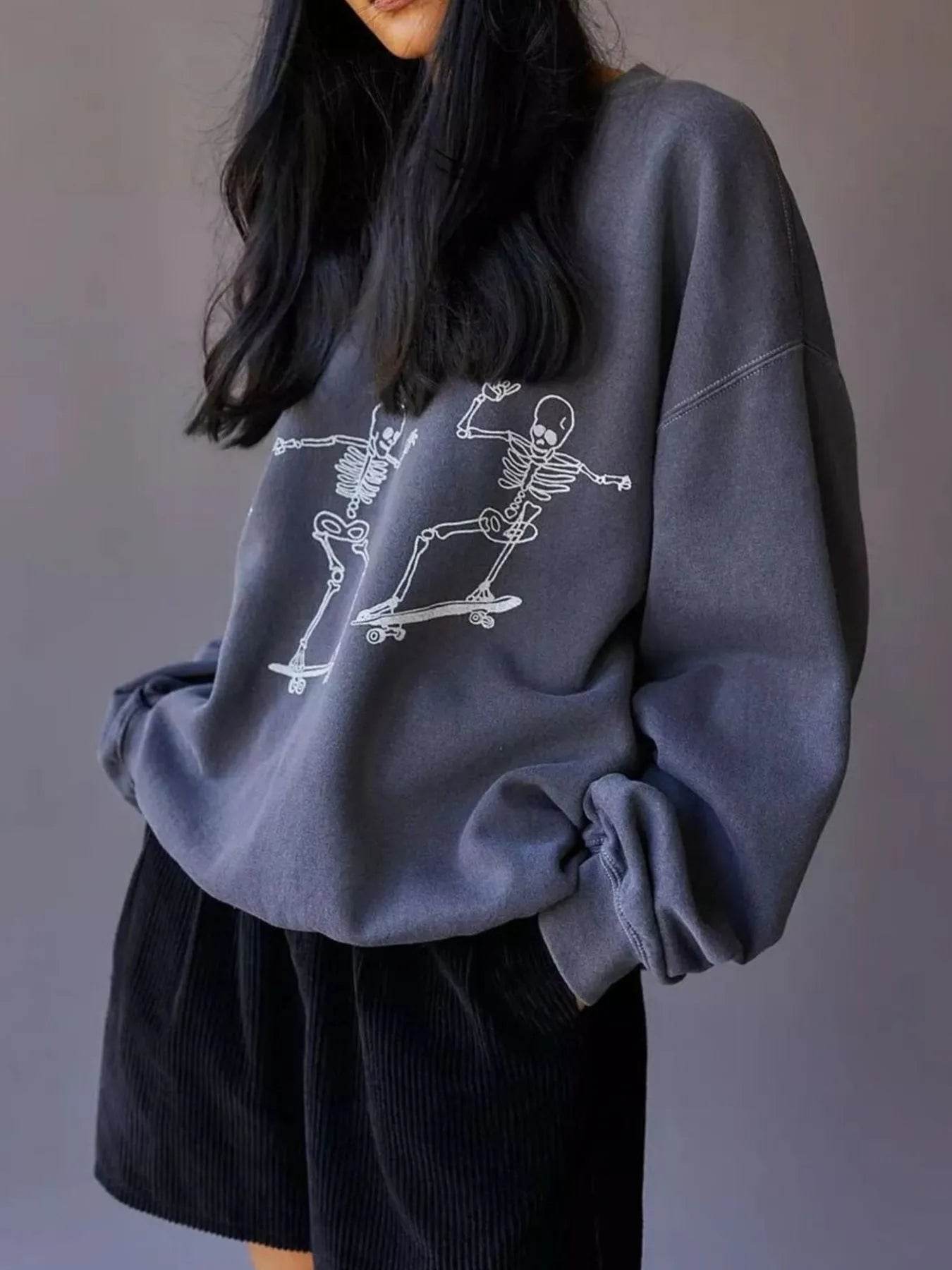Skeleton Graphic Oversized Sweatshirt - ELY VESSA LLC