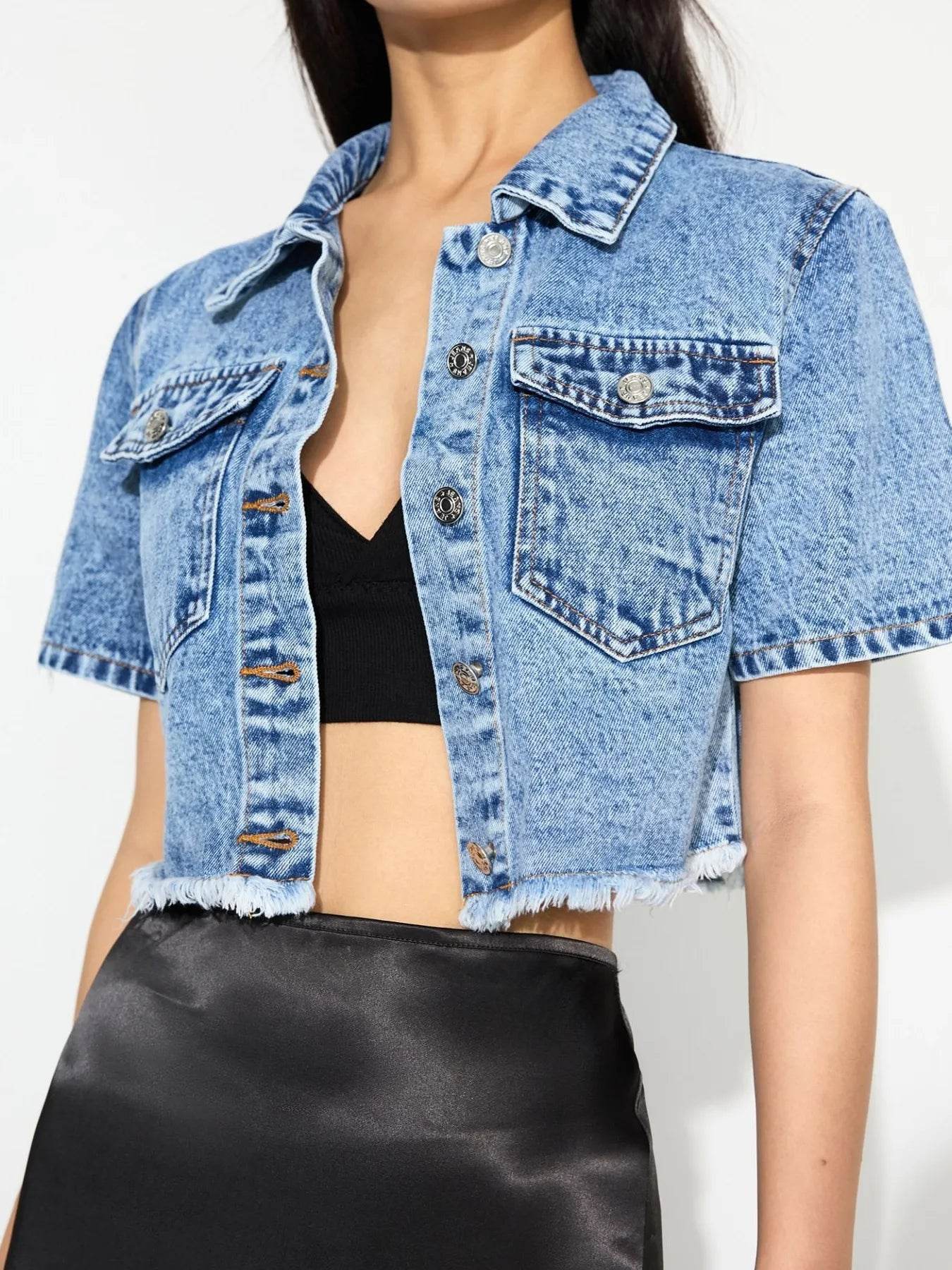 Cropped Short Sleeve Denim Jacket with Frayed Hem - ELY VESSA LLC