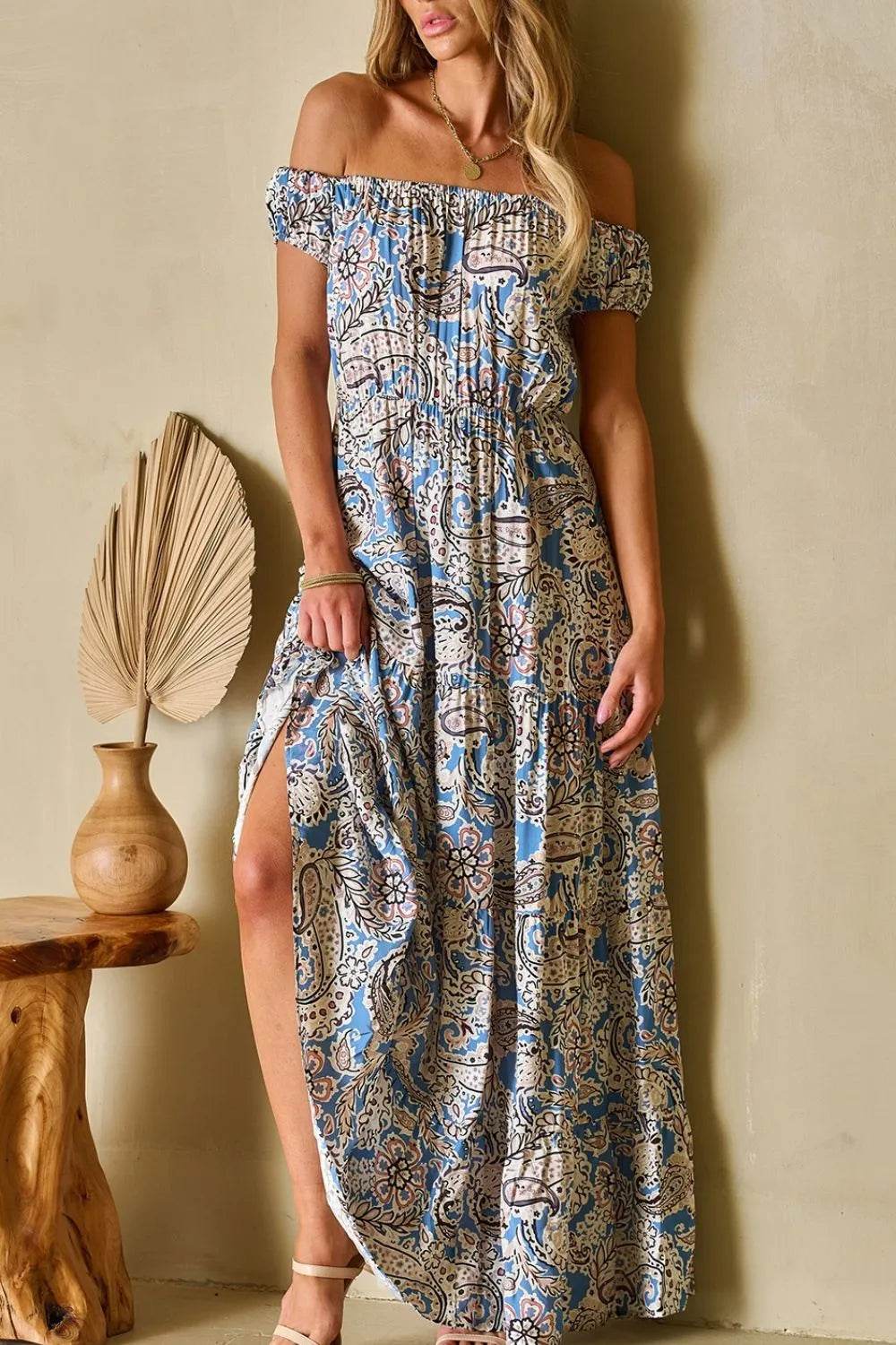 Boho Paisley Print Off Shoulder Maxi Dress - ELY VESSA LLC