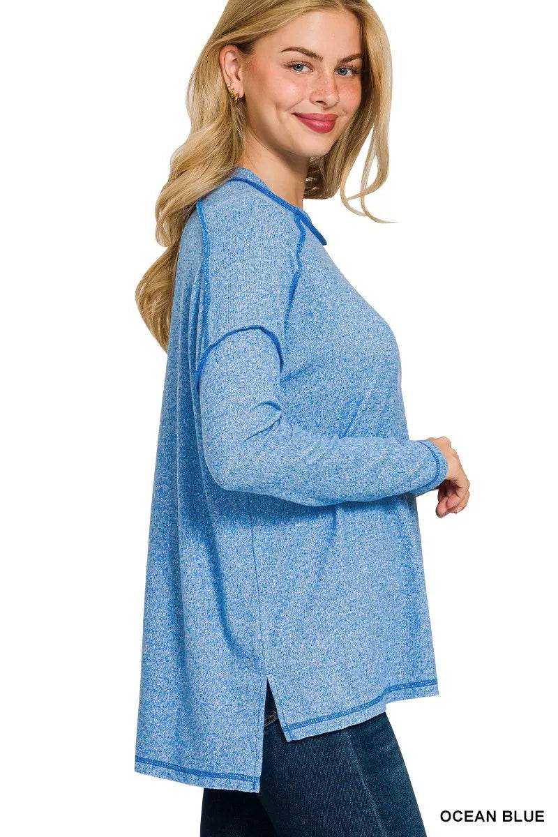 Zenana Full Size Melange Hacci Exposed Seam Hi-low Tee Plus Size - ELY VESSA LLC