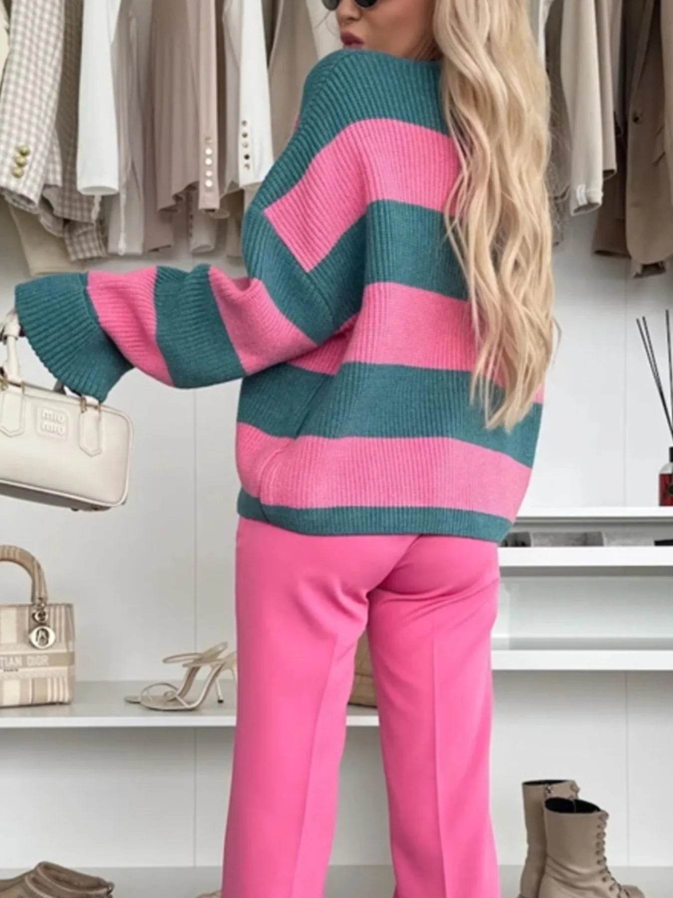 Color Block Striped V-Neck Button Front Cardigan - ELY VESSA LLC
