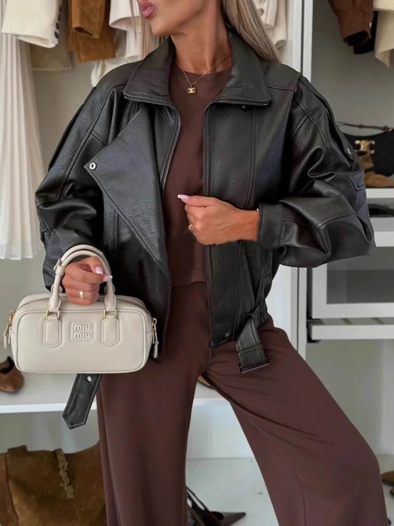 Leather Zip Up Jacket - ELY VESSA LLC
