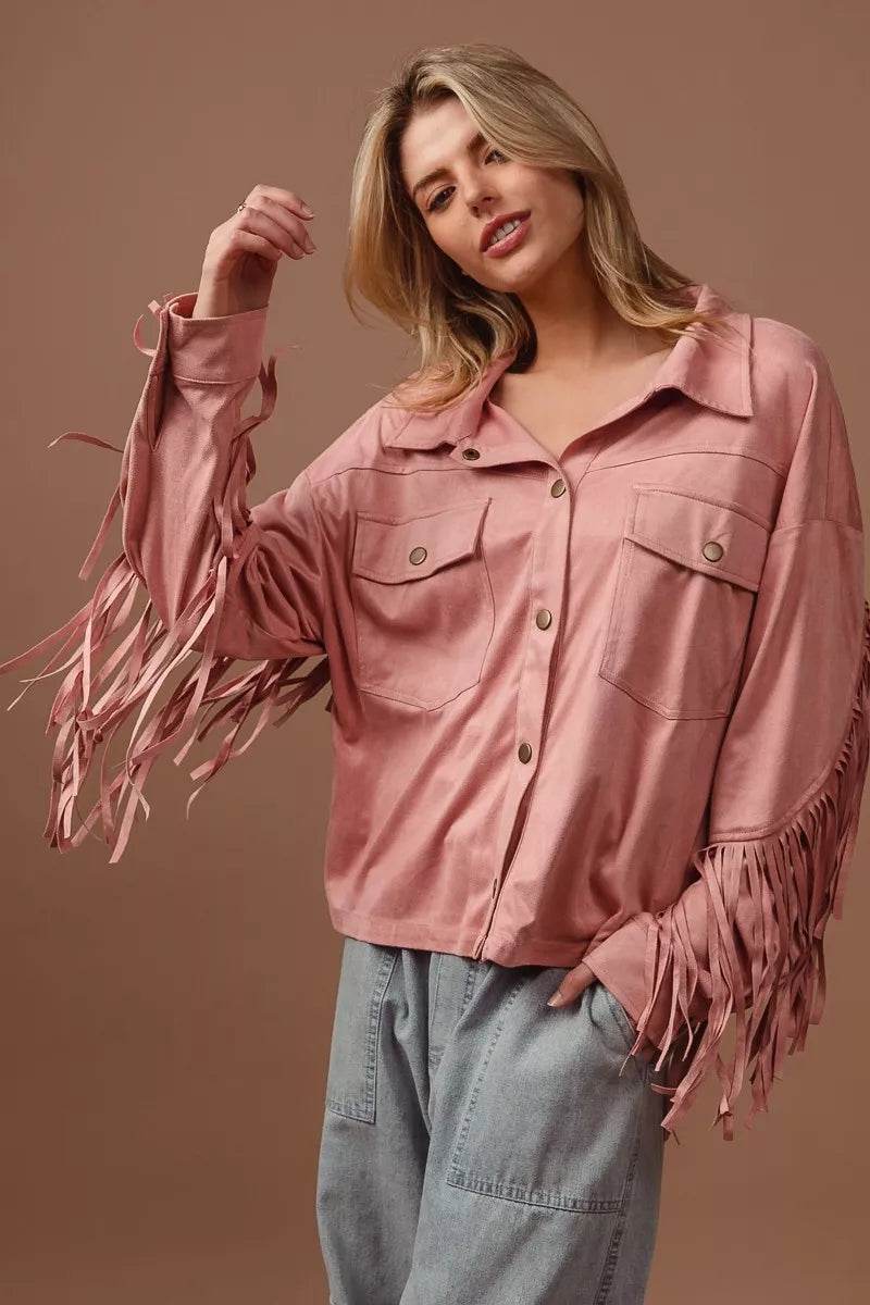 BiBi Suede Fringe Long Sleeve Jacket - ELY VESSA LLC