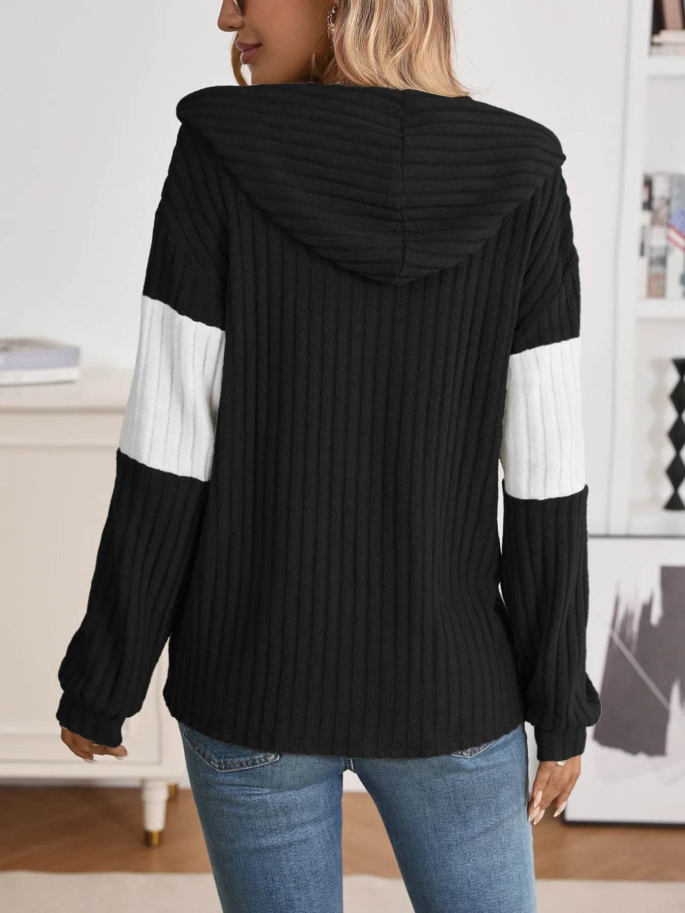 Drawstring Color Block Zip Up Outerwear - ELY VESSA LLC