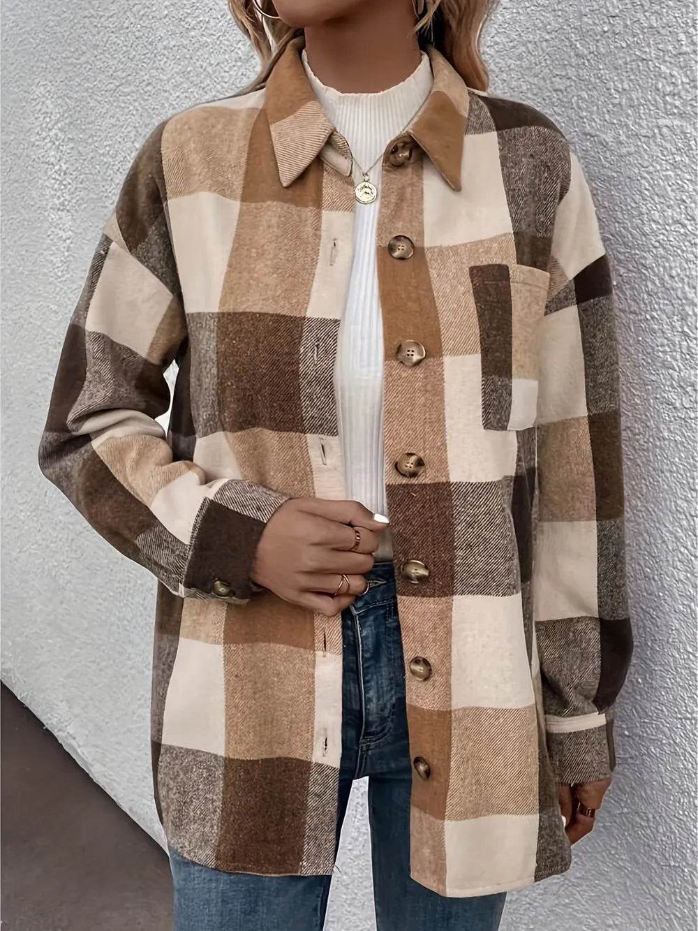 Curved Hem Plaid Collared Neck Shacket - ELY VESSA LLC