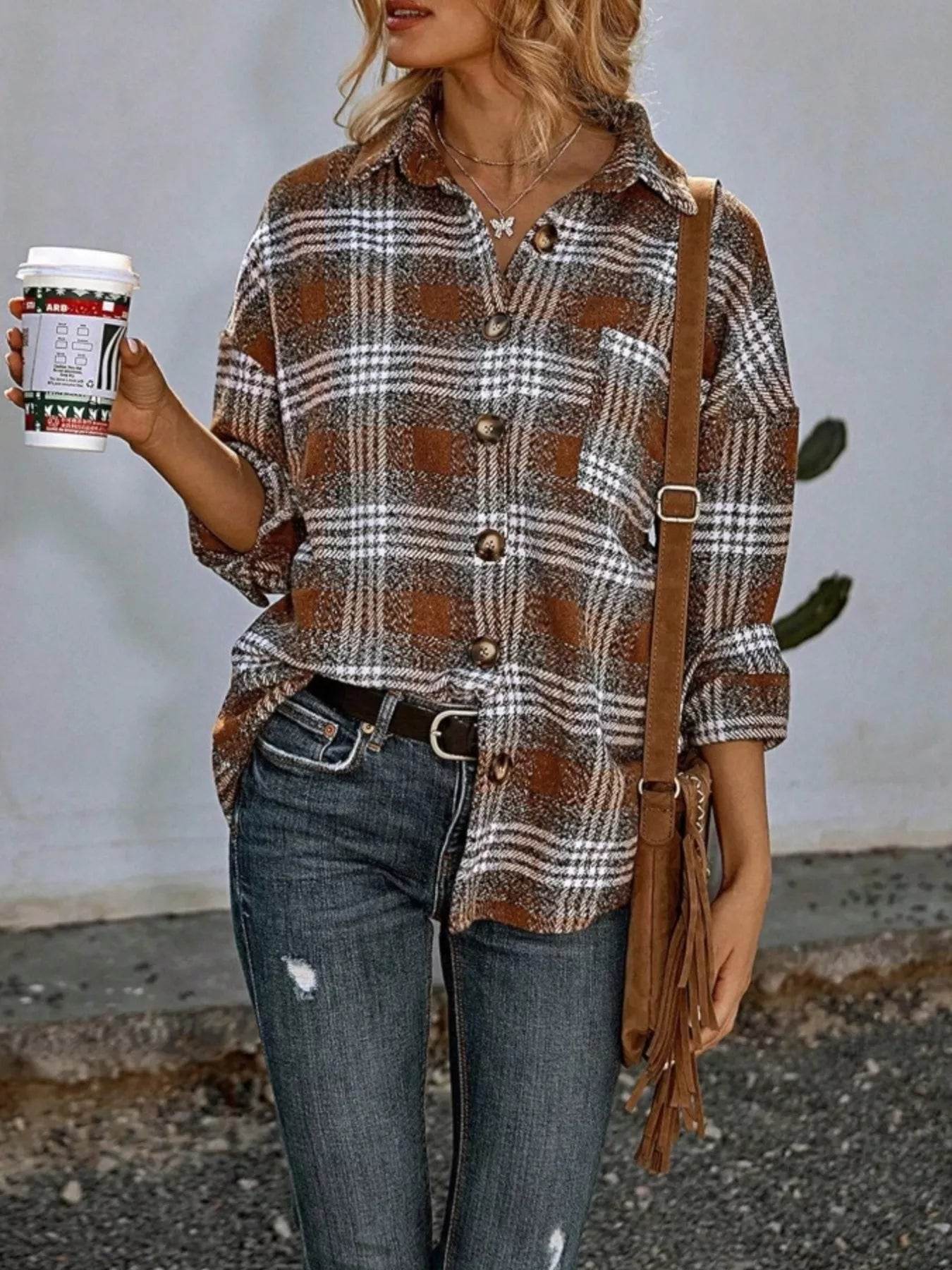 Plaid Button Up Long Sleeve Shacket - ELY VESSA LLC