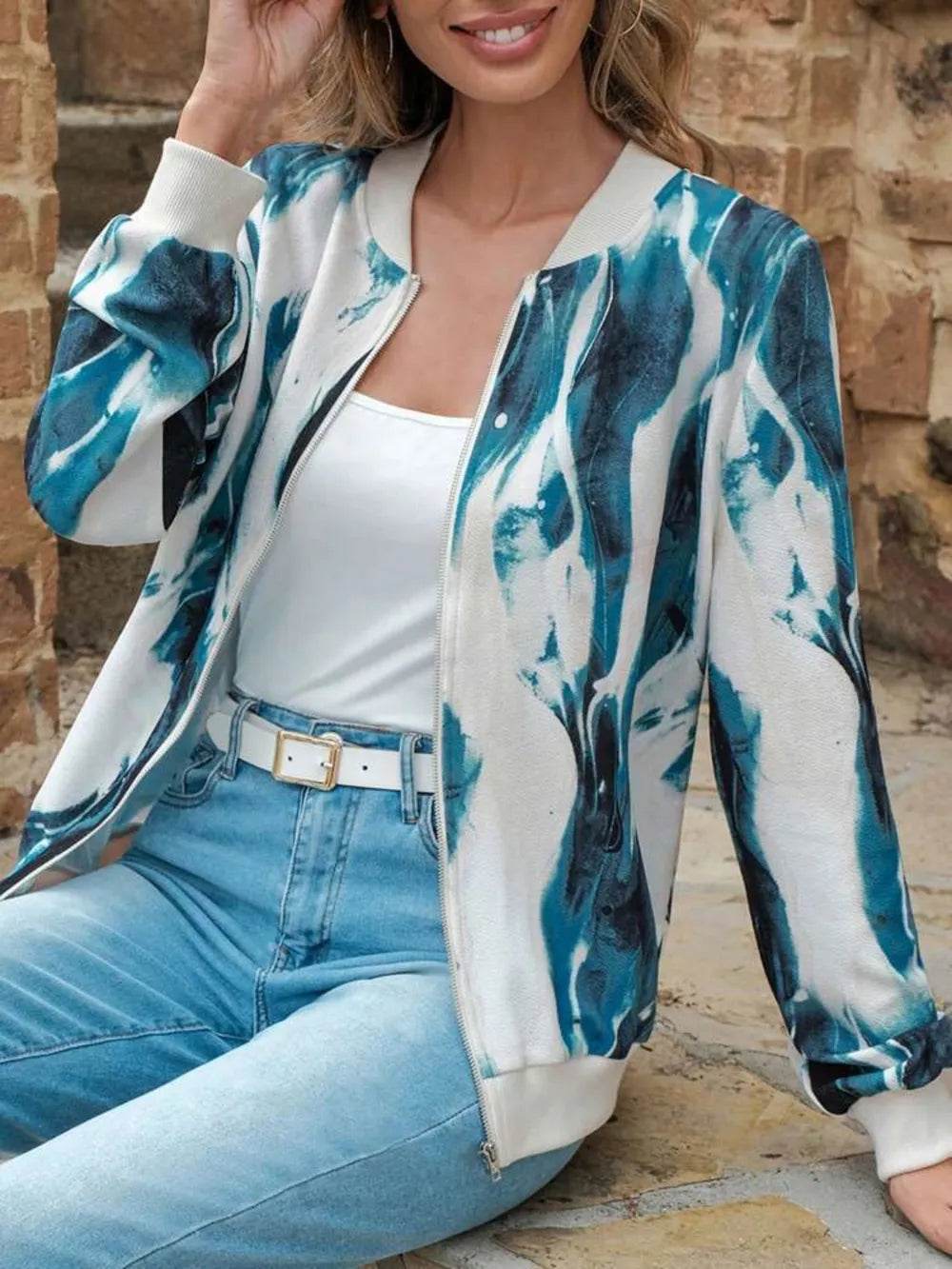 Printed Baseball Collar Zip Up Jacket - ELY VESSA LLC