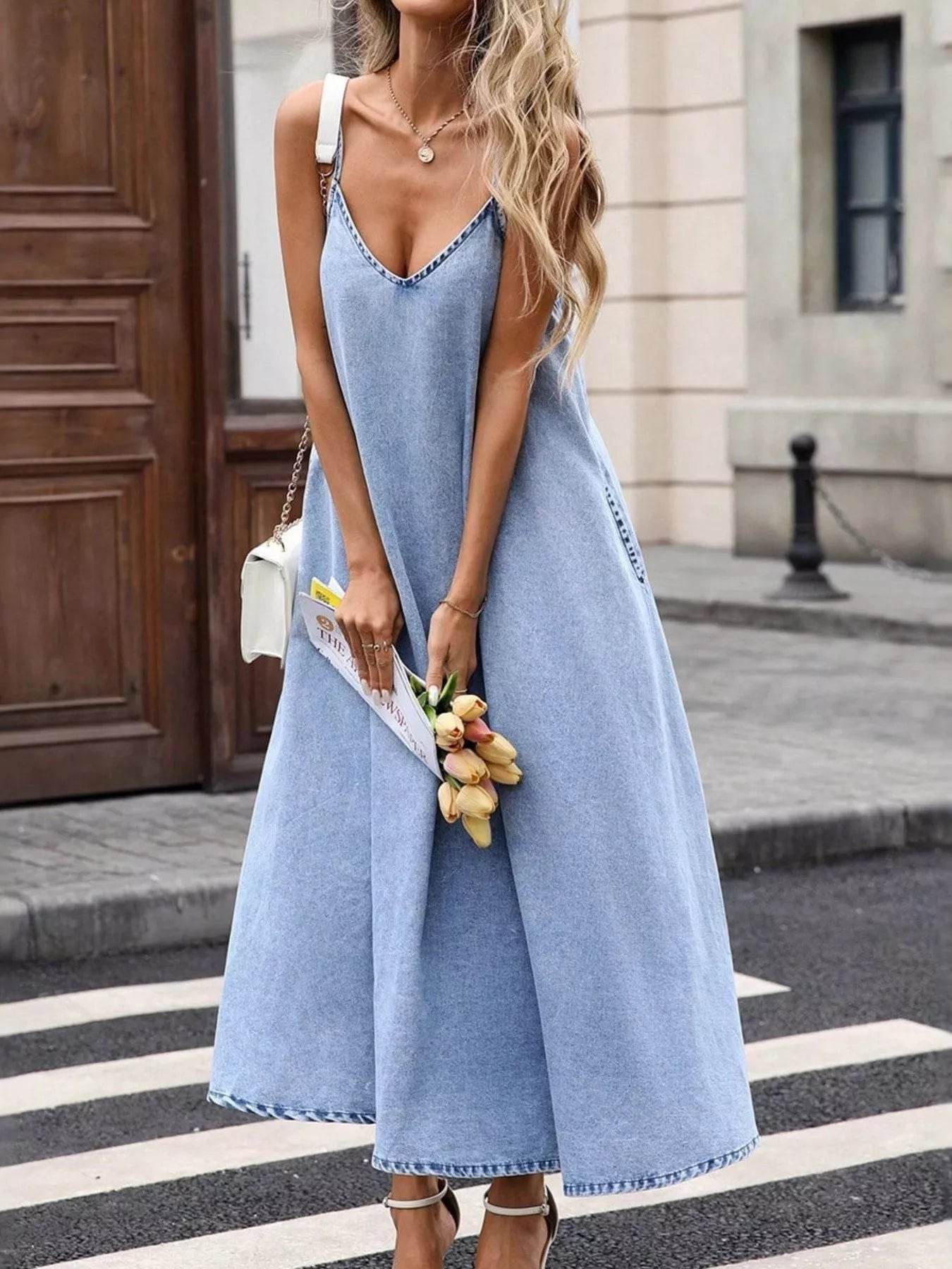 V-Neck Denim Cami Dress - ELY VESSA LLC