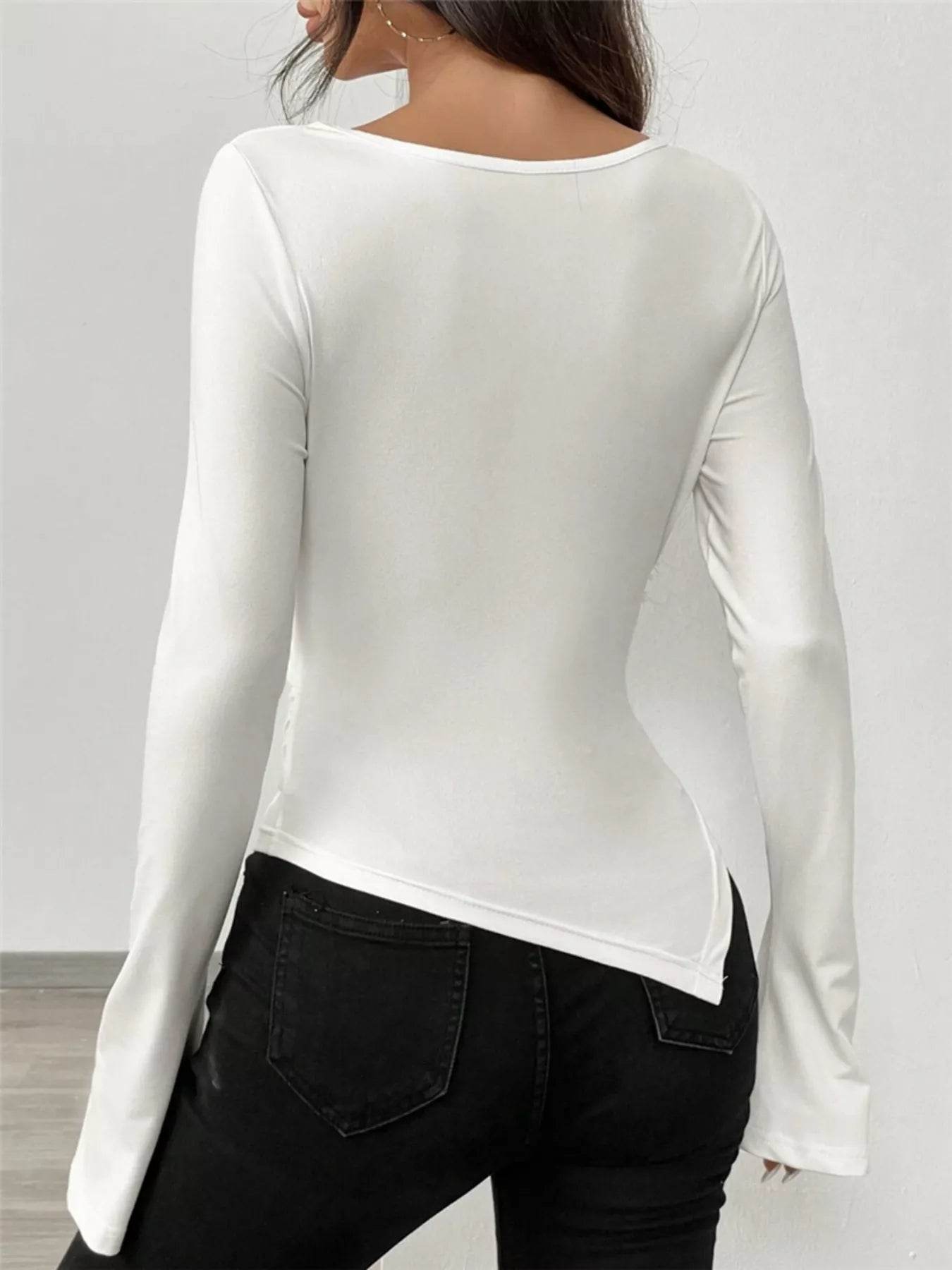 Asymmetrical Long Sleeve Fitted T-Shirt - ELY VESSA LLC