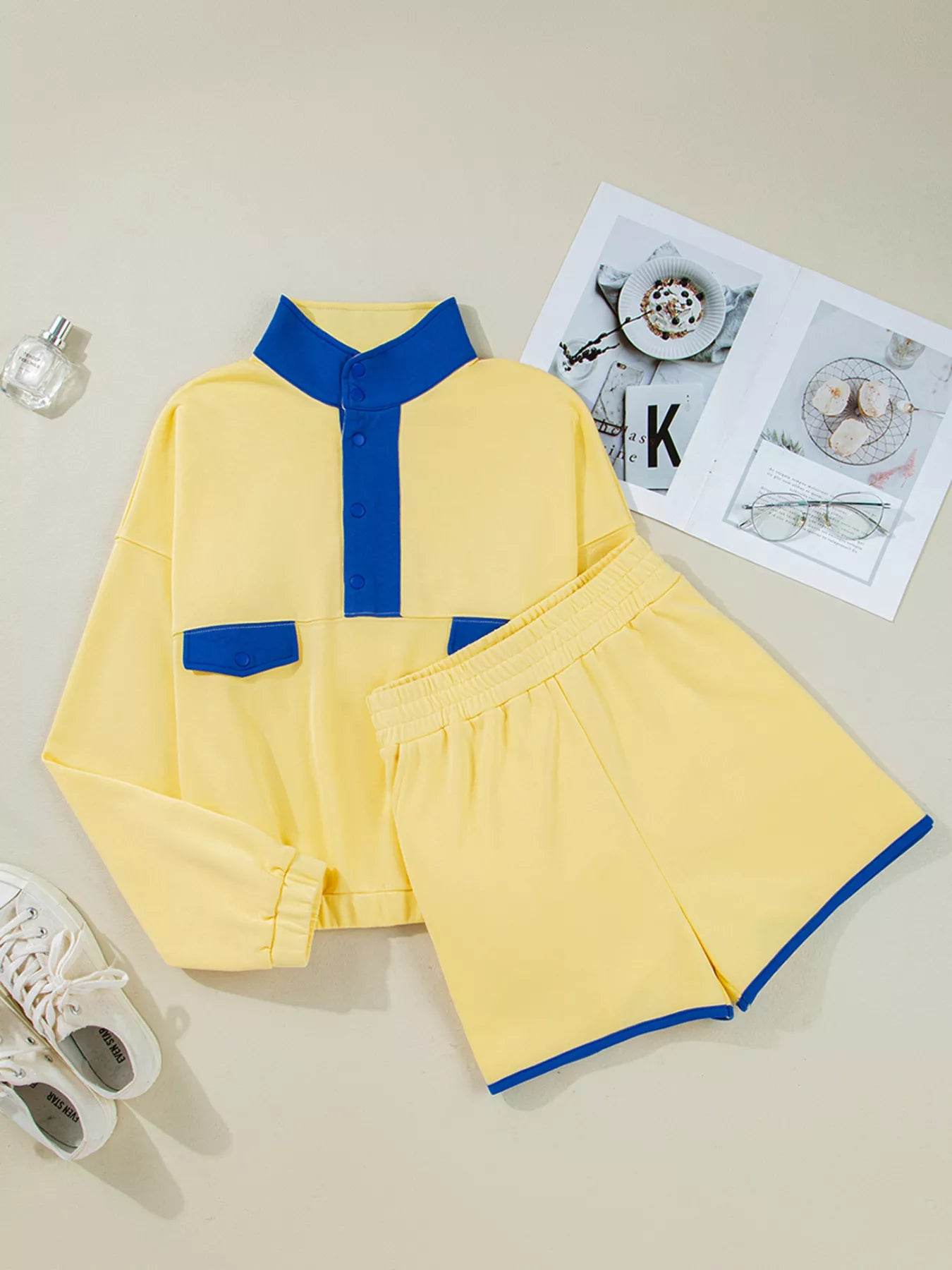Color Block Patchwork Half Button Top and Shorts 2pcs Set - ELY VESSA LLC