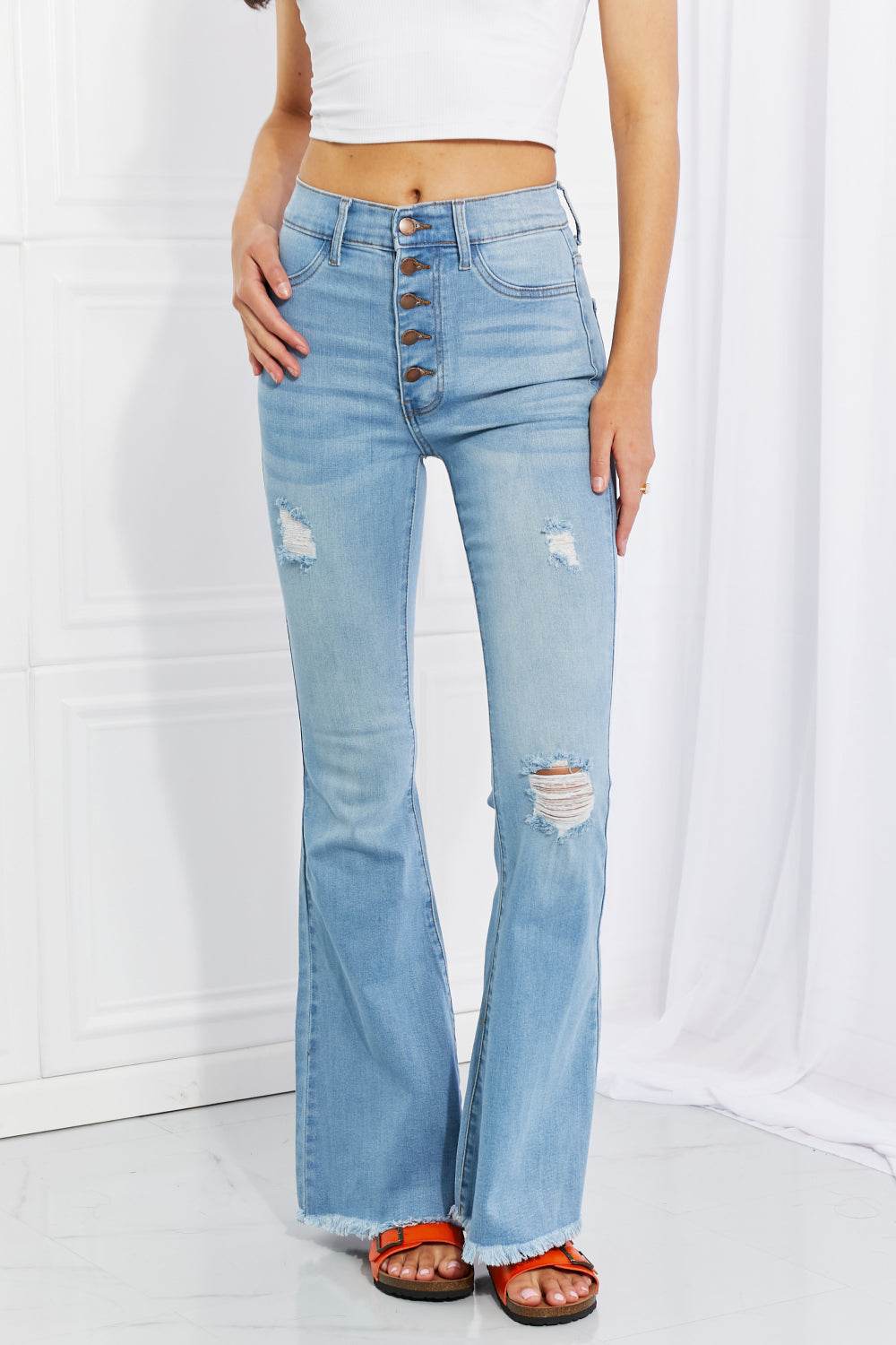 Vibrant MIU Full Size Jess Button Flare Jeans - ELY VESSA LLC