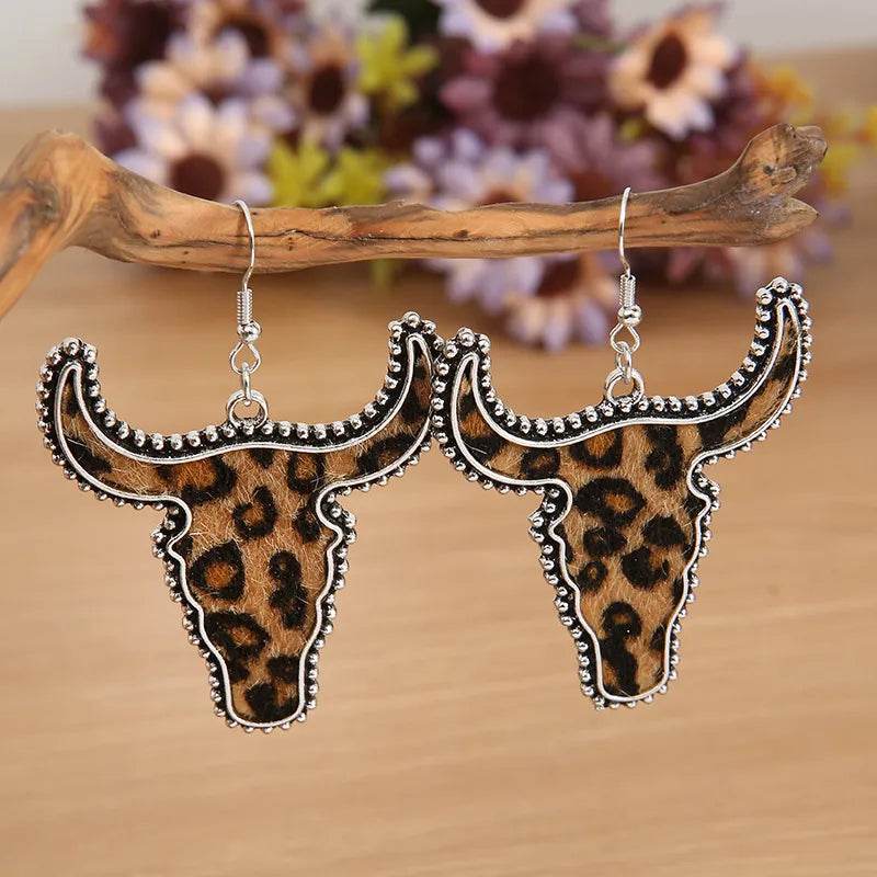 Alloy Animal Print Cow Head Earrings - ELY VESSA LLC