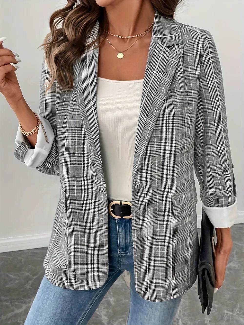 Single-Breasted Lapel Collar Plaid Blazer - ELY VESSA LLC