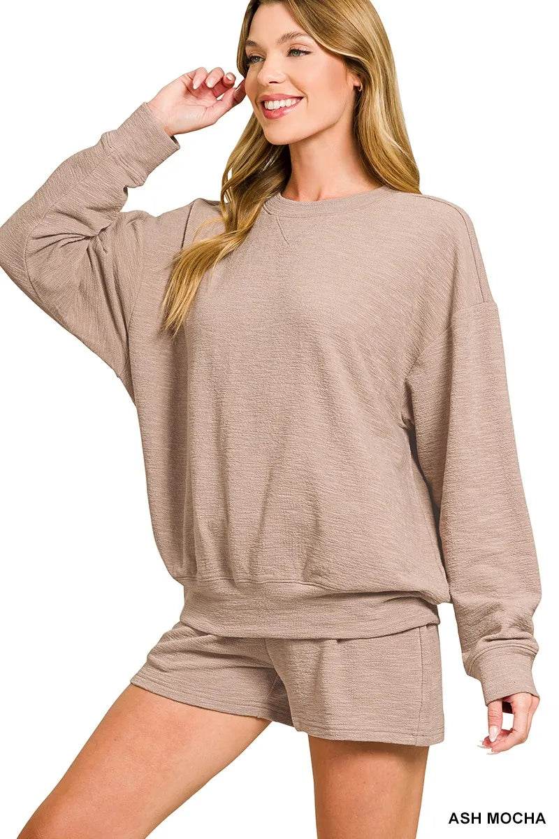 Zenana Slub Long Sleeve Top and Shorts Set - ELY VESSA LLC