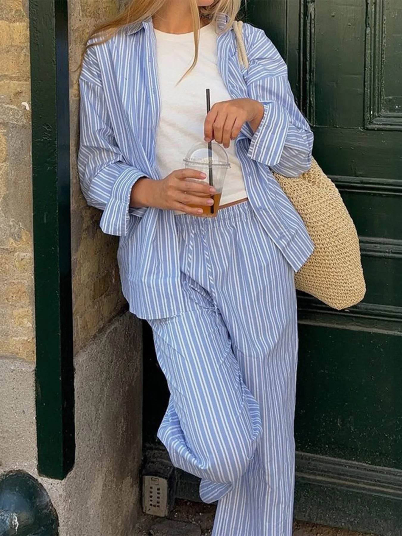 Striped Button Up Shirt and Pants Set - ELY VESSA LLC