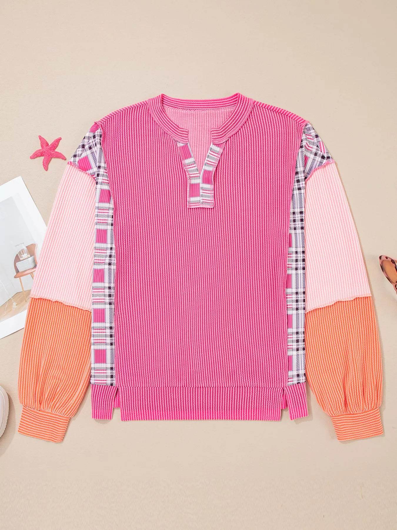 Corded Texture Plaid Color Block Patchwork Split Neck Long Sleeve Top - ELY VESSA LLC