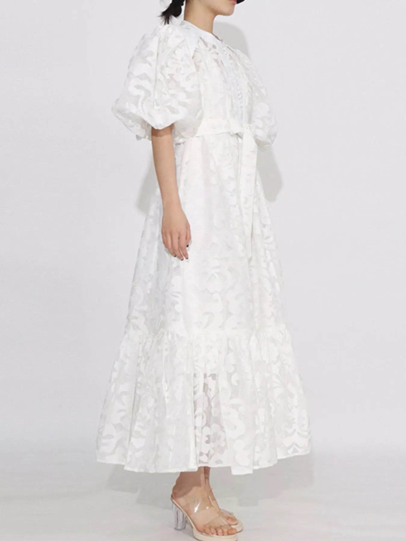 Lace Puff Sleeve Tie Waist Maxi Dress - ELY VESSA LLC