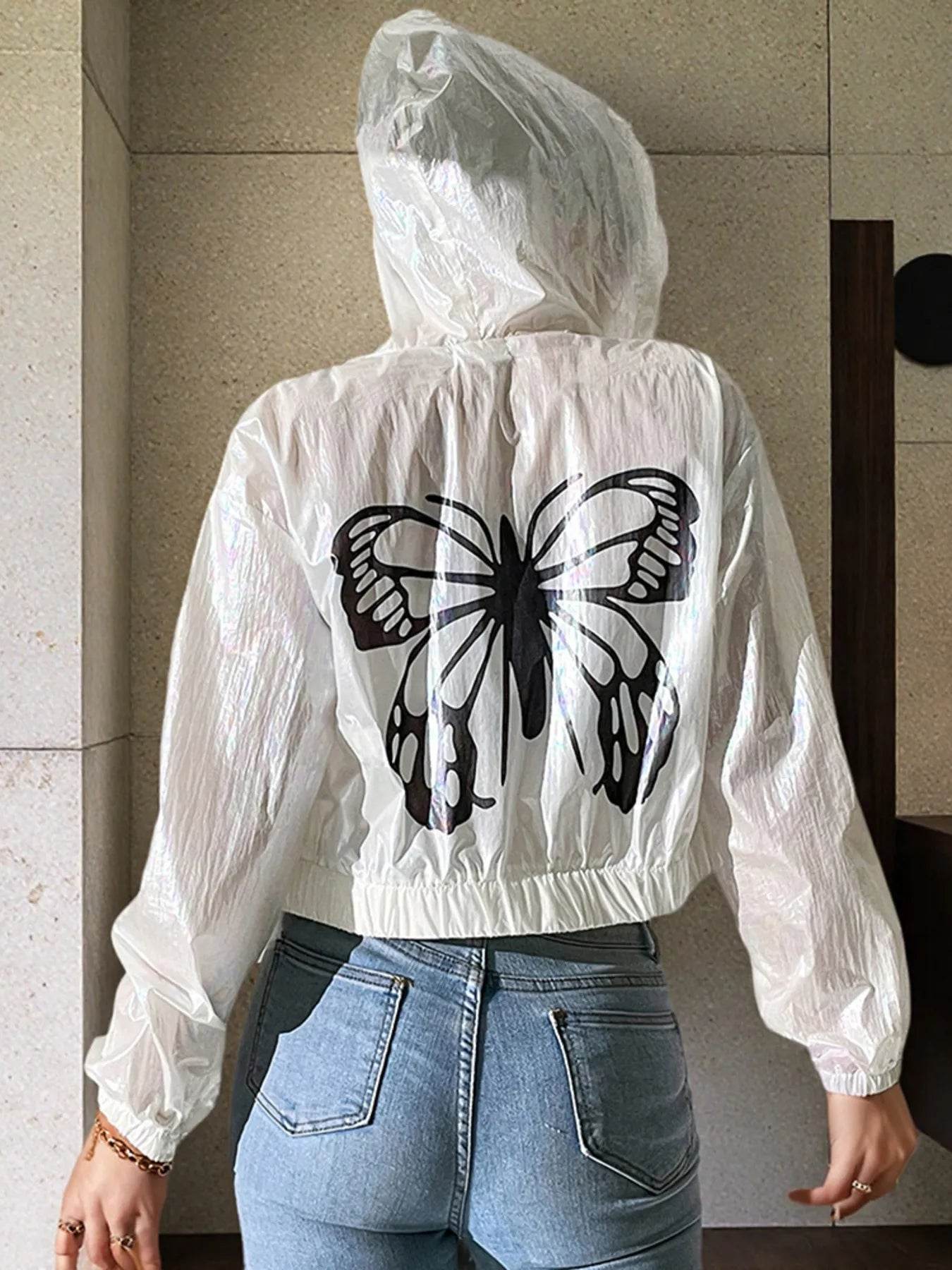 Butterfly Back Zip Up Hooded Jacket - ELY VESSA LLC