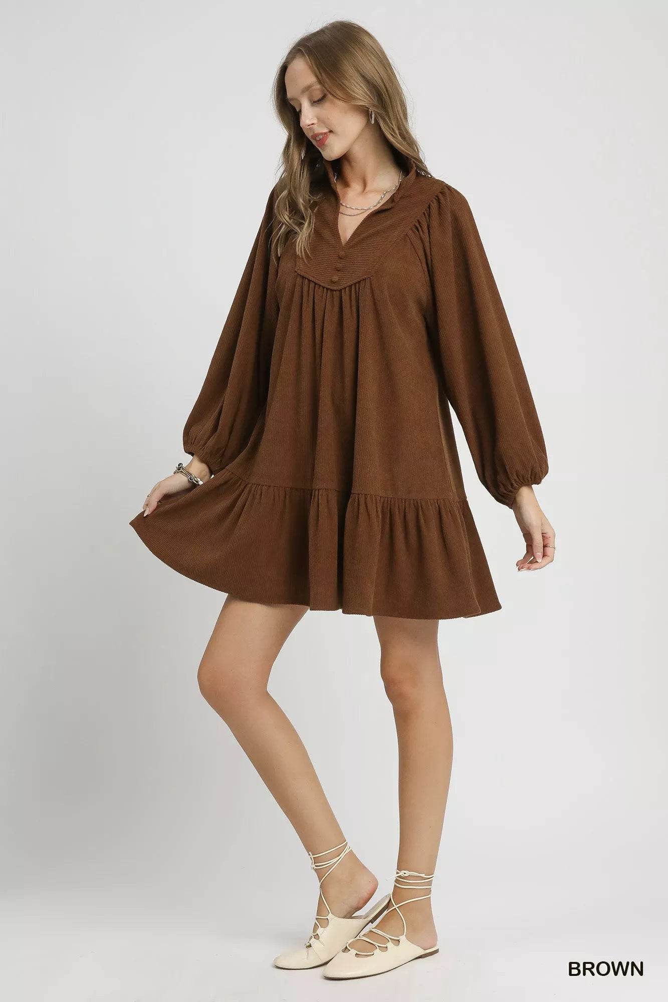 Umgee Corduroy Tiered Babydoll Dress - ELY VESSA LLC