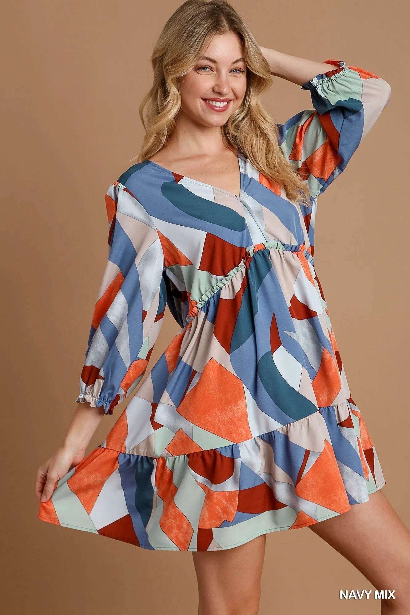 Umgee Abstract V-Neck Tiered Printed Dress - ELY VESSA LLC