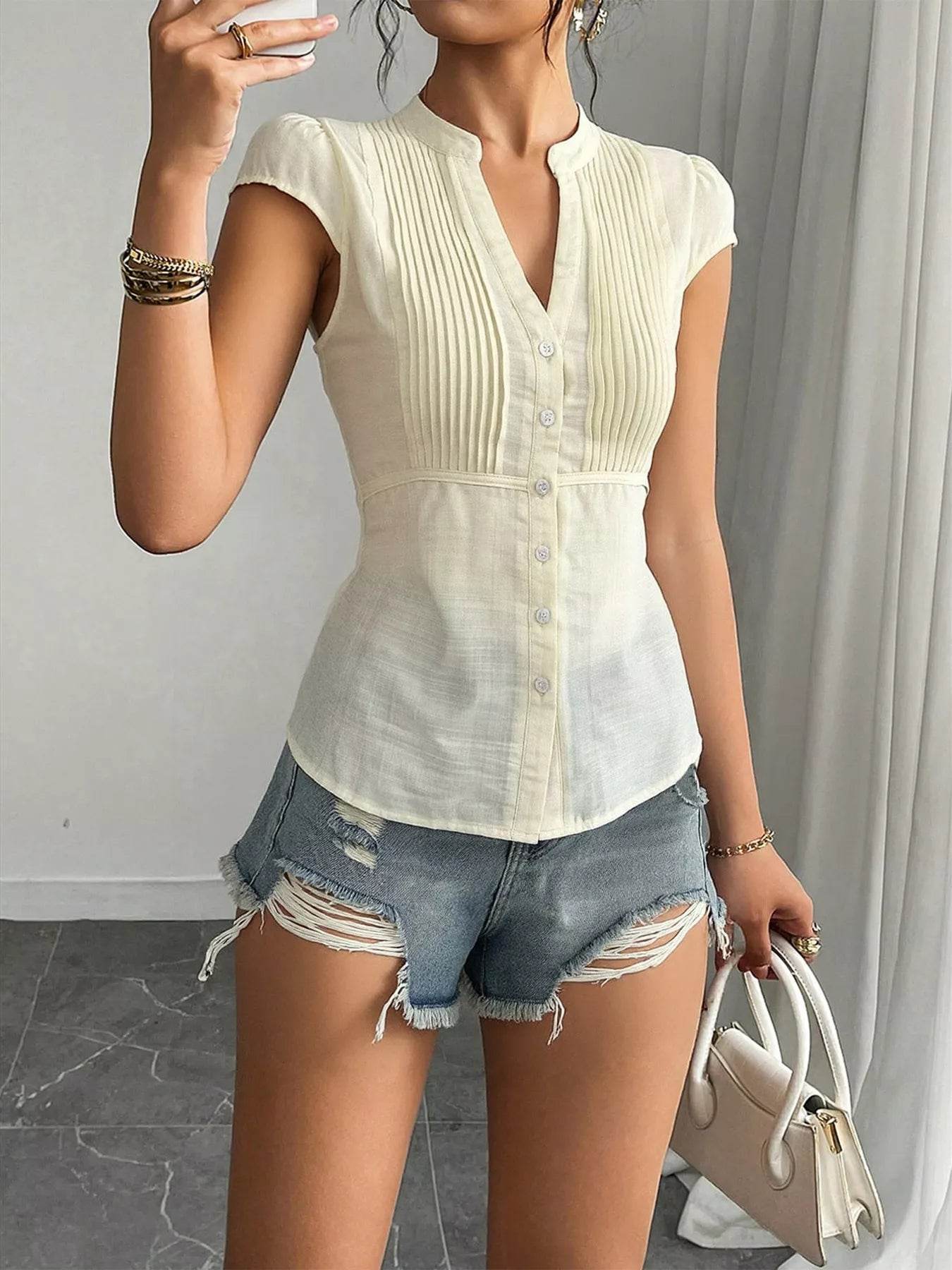 Button Up Cap Sleeve Shirt - ELY VESSA LLC
