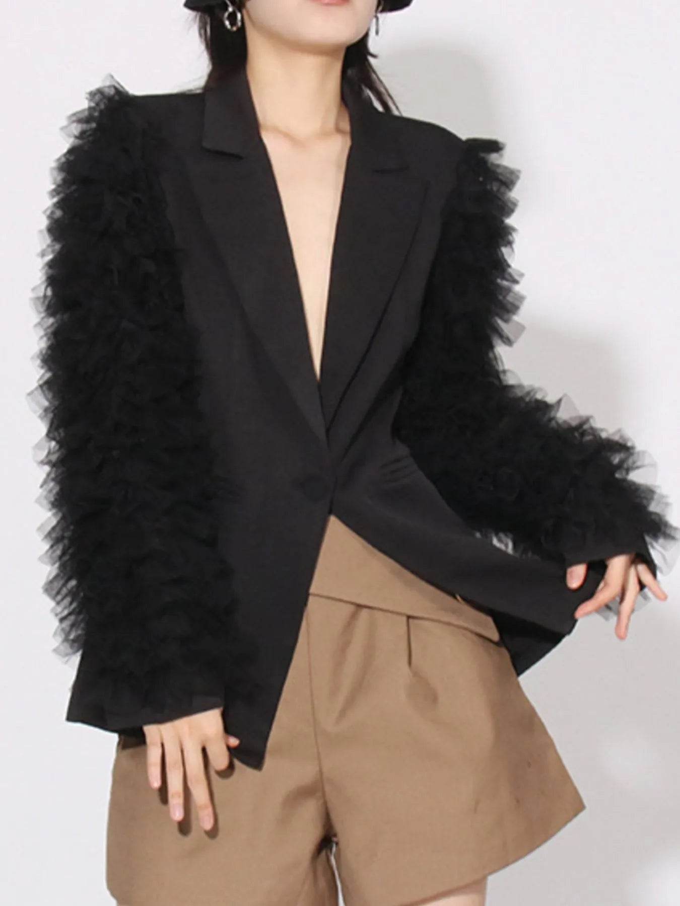 One Button Mesh Long Sleeve Blazer - ELY VESSA LLC