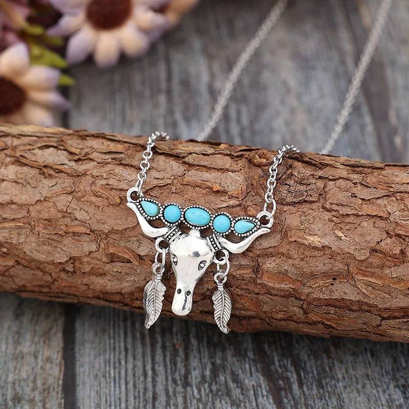 Artificial Turquoise Cow Shape Necklace - ELY VESSA LLC