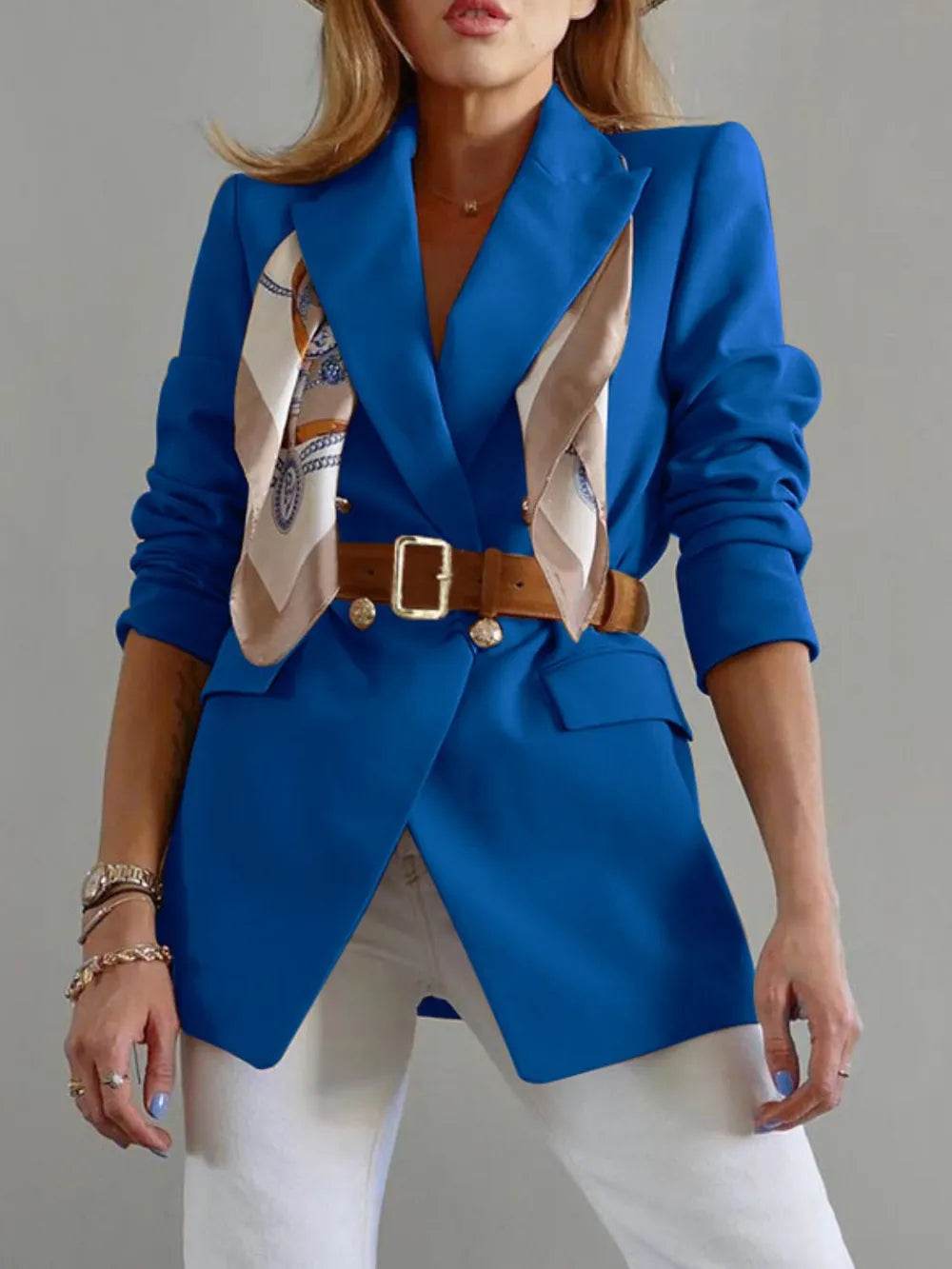 Buttoned Lapel Collar Long Sleeve Blazer - ELY VESSA LLC