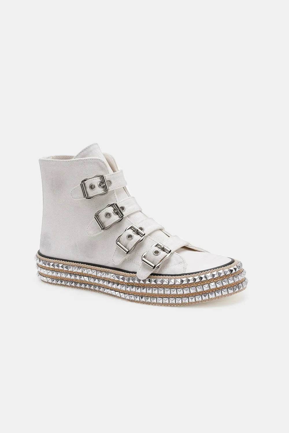 Beast Fashion Multi-Buckle Straps Studded Platform Sneakers - ELY VESSA LLC