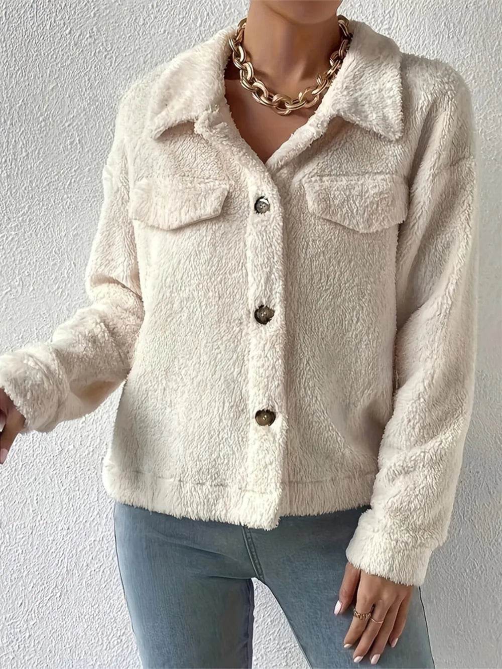 Collared Neck Button Up Jacket with Decorative Pocket Flaps - ELY VESSA LLC