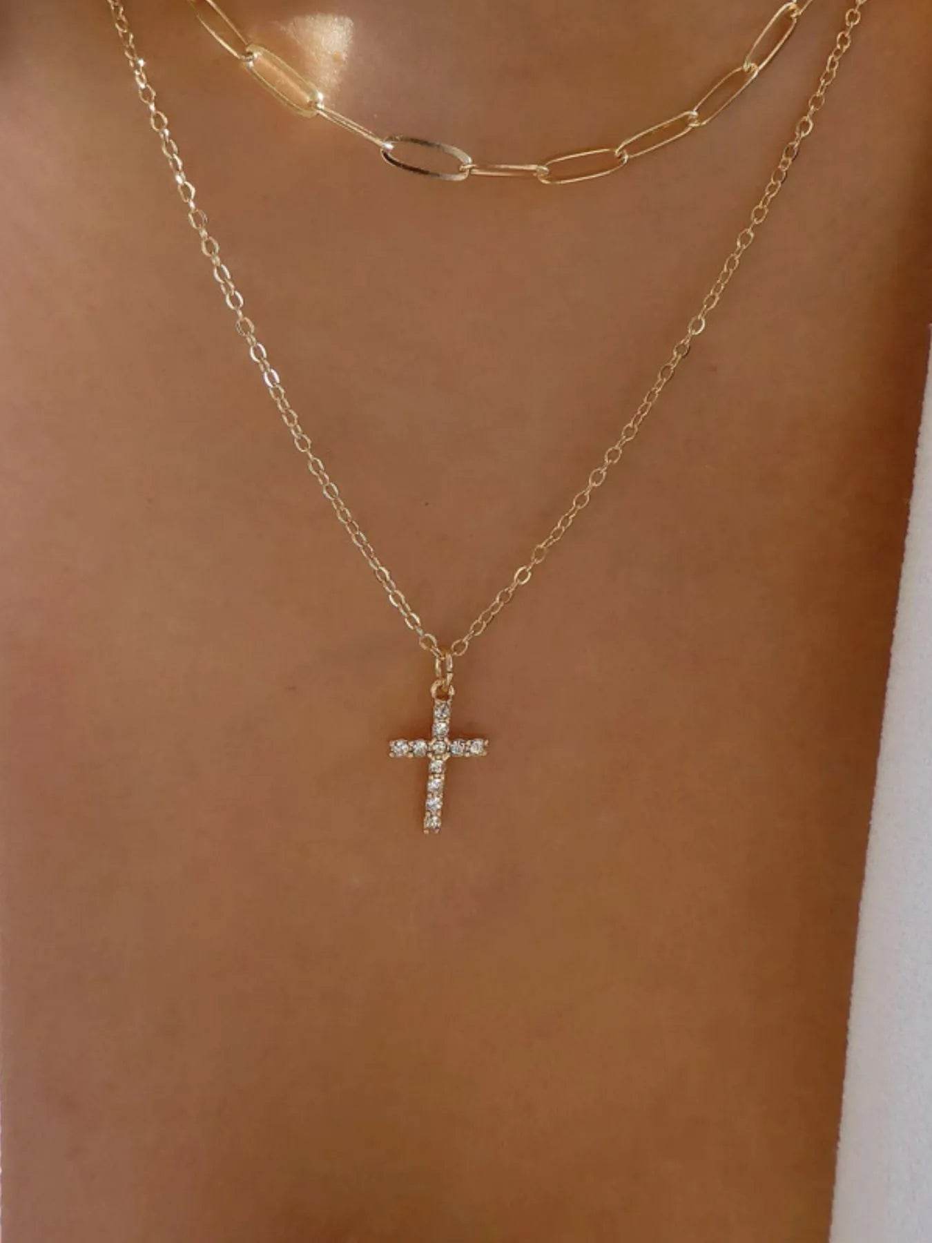 Double Layered Inlaid Zircon Cross Pendant Necklace - ELY VESSA LLC