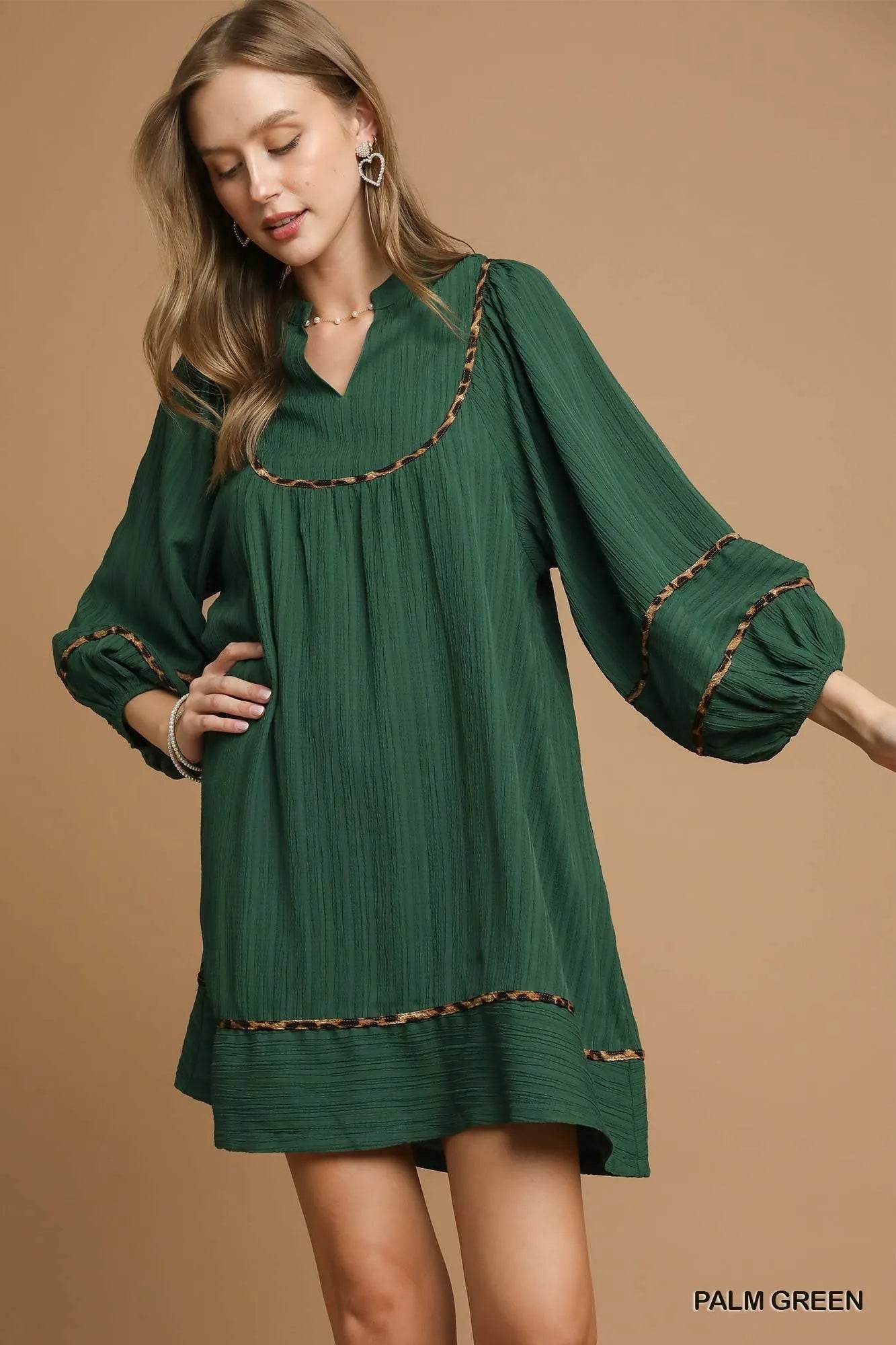 Umgee Textured Babydoll Dress with Leopard Trim - ELY VESSA LLC