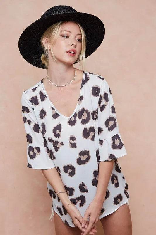 BiBi Leopard Printed V Neck Woven Top with Ruffled - ELY VESSA LLC