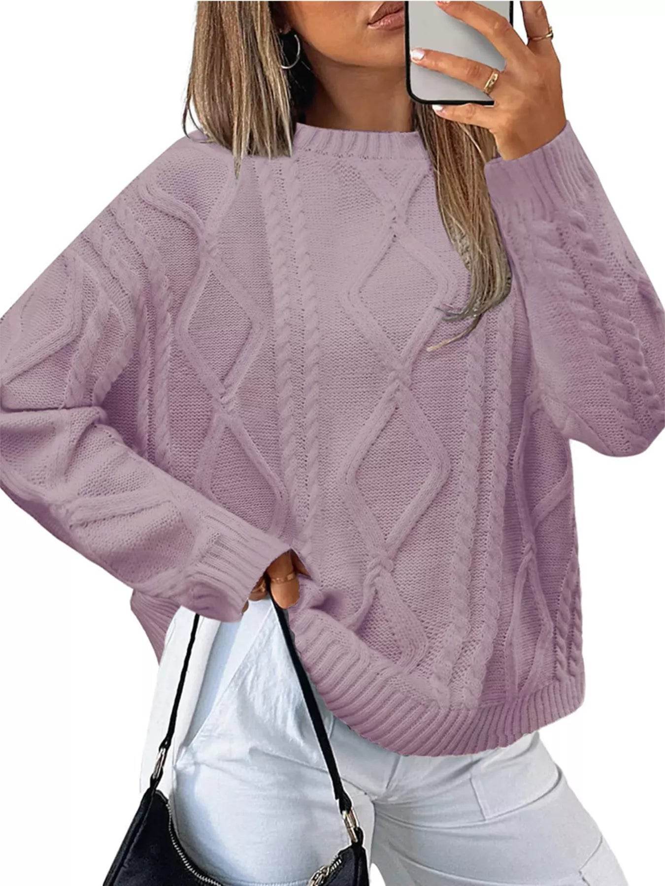 Cable Knit Round Neck Long Sleeve Sweater - ELY VESSA LLC
