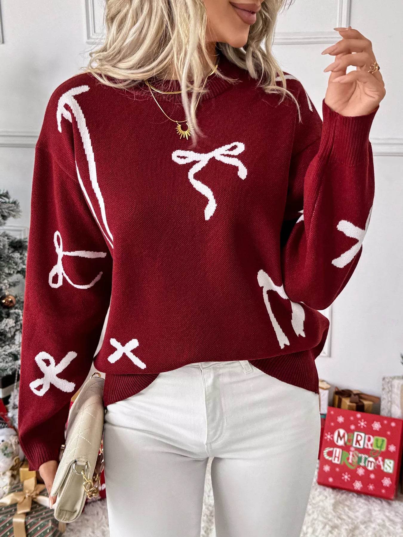 Bow Round Neck Long Sleeve Sweater - ELY VESSA LLC