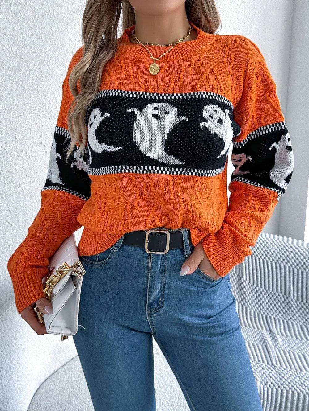 Ghost Round Neck Long Sleeve Sweater - ELY VESSA LLC