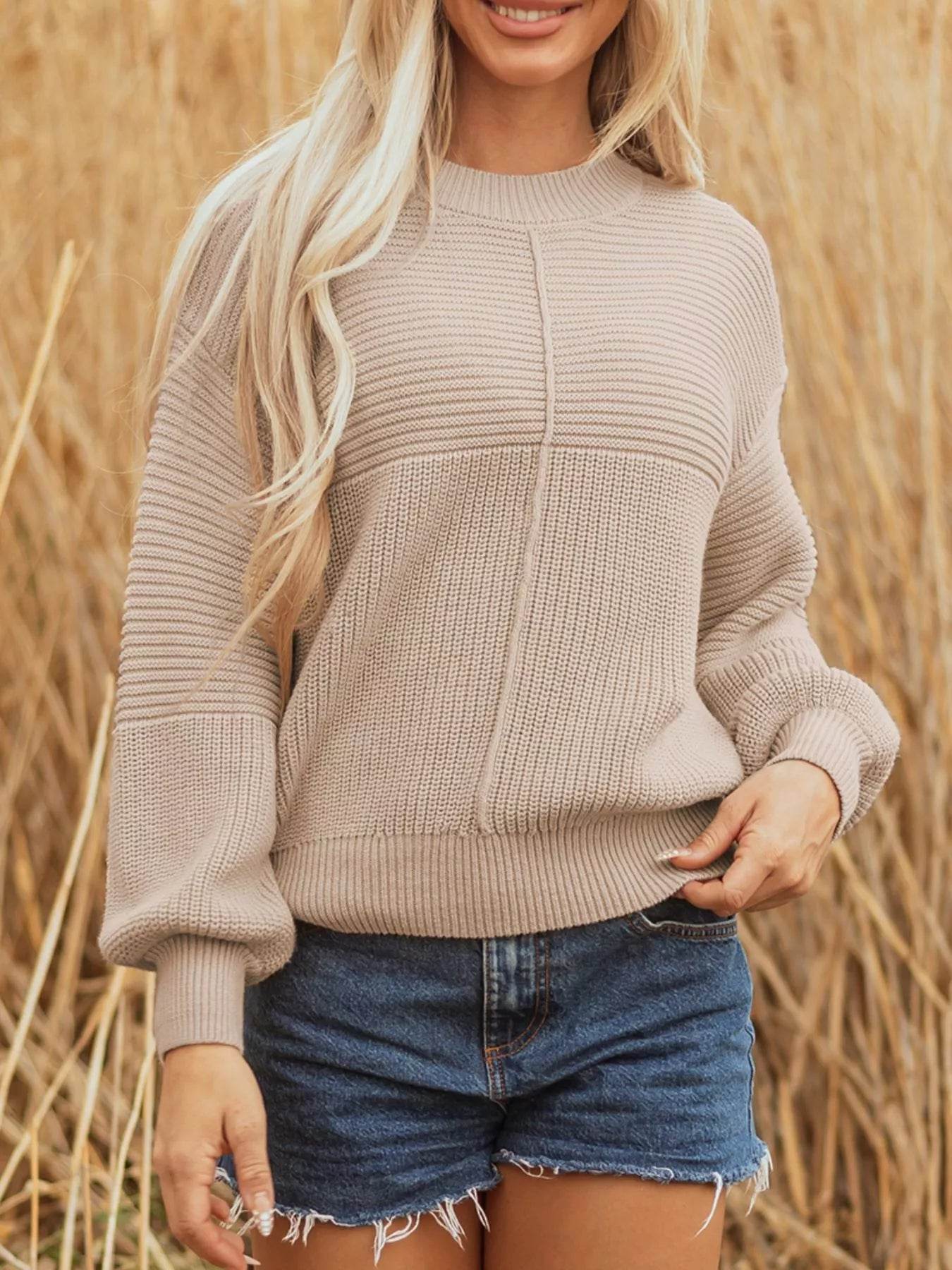 Texture Knitted Dropped Shoulder Sweater - ELY VESSA LLC
