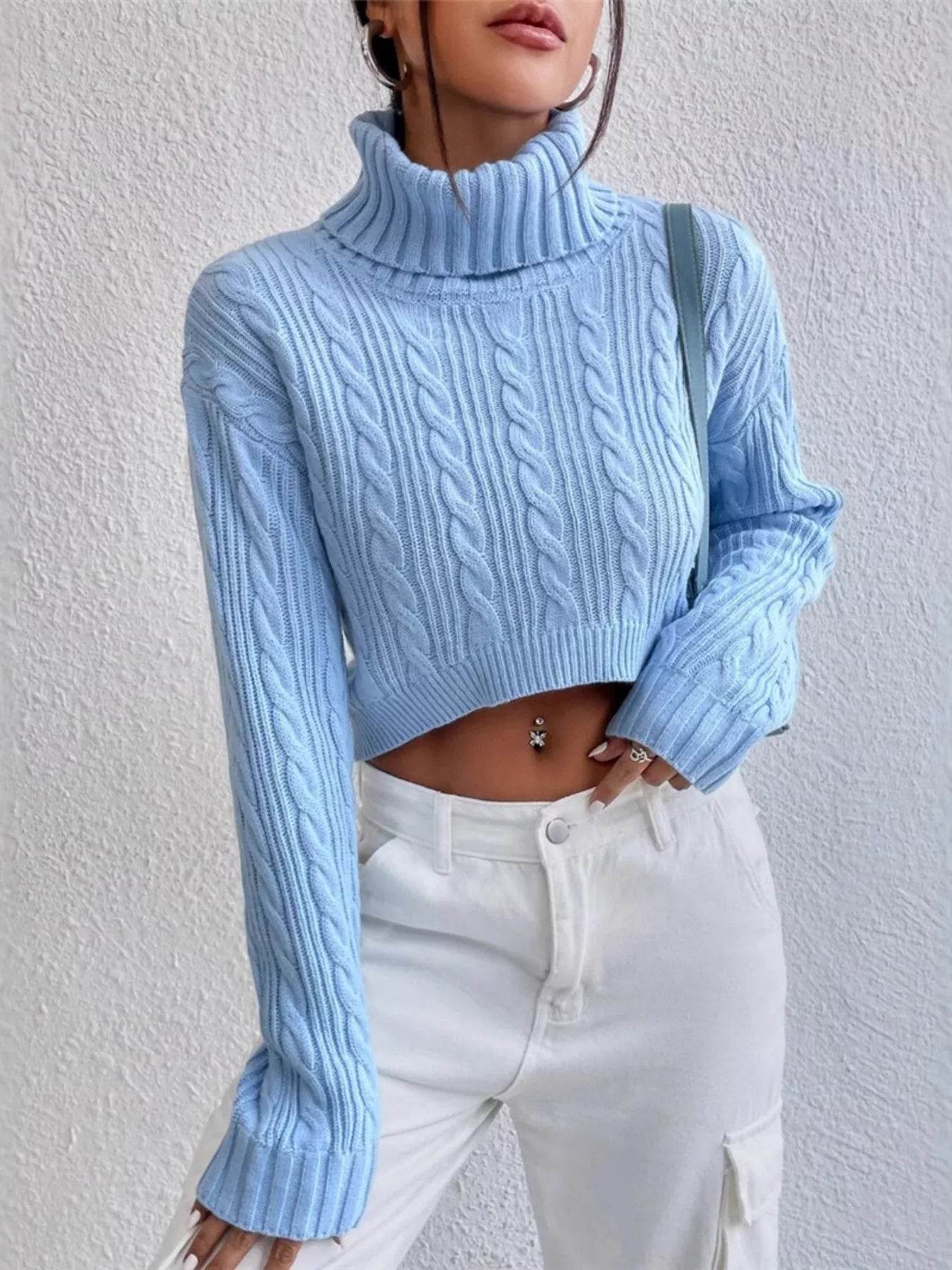 Cable-Knit Turtleneck Long Sleeve Sweater - ELY VESSA LLC