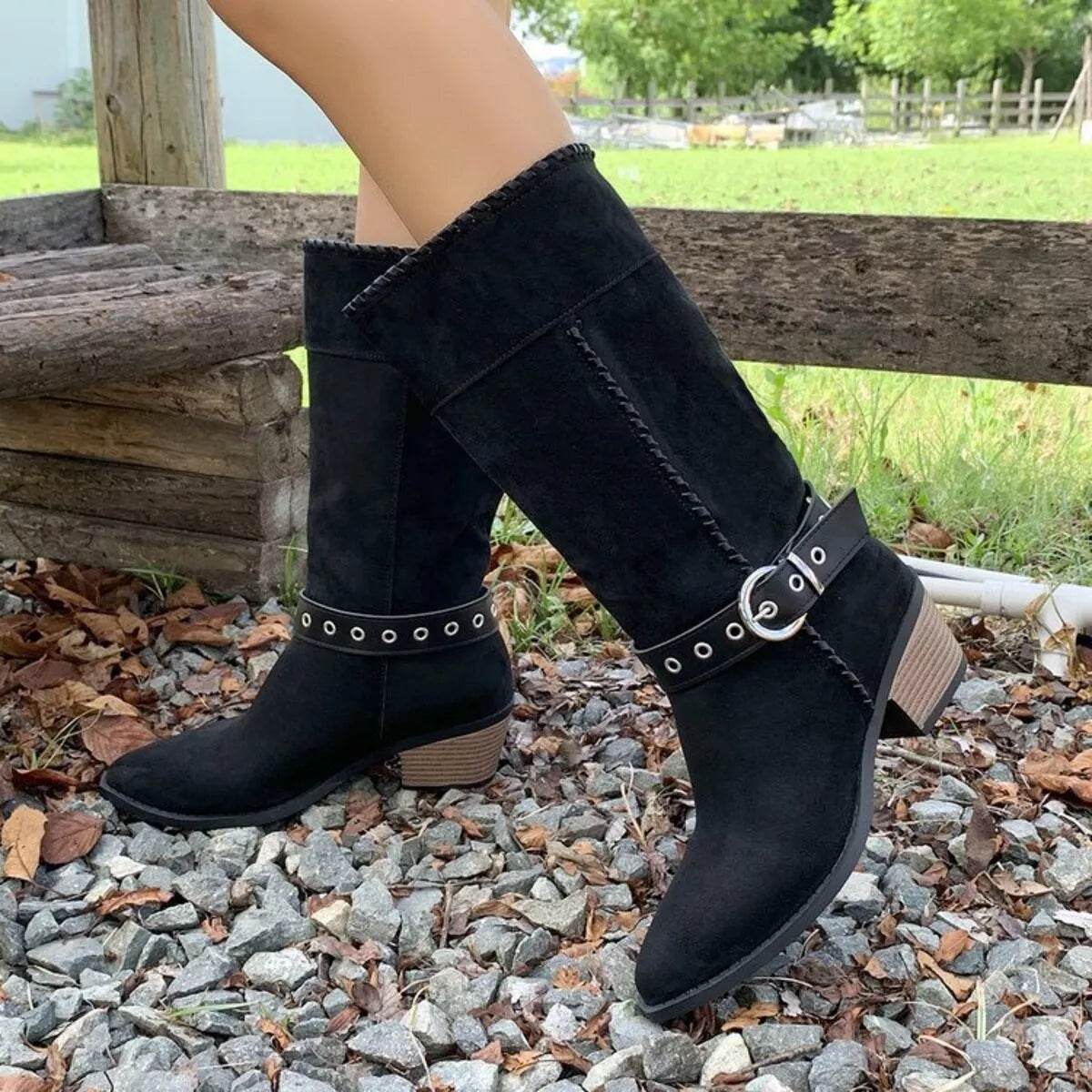 Point Toe Block Heels Boots - ELY VESSA LLC