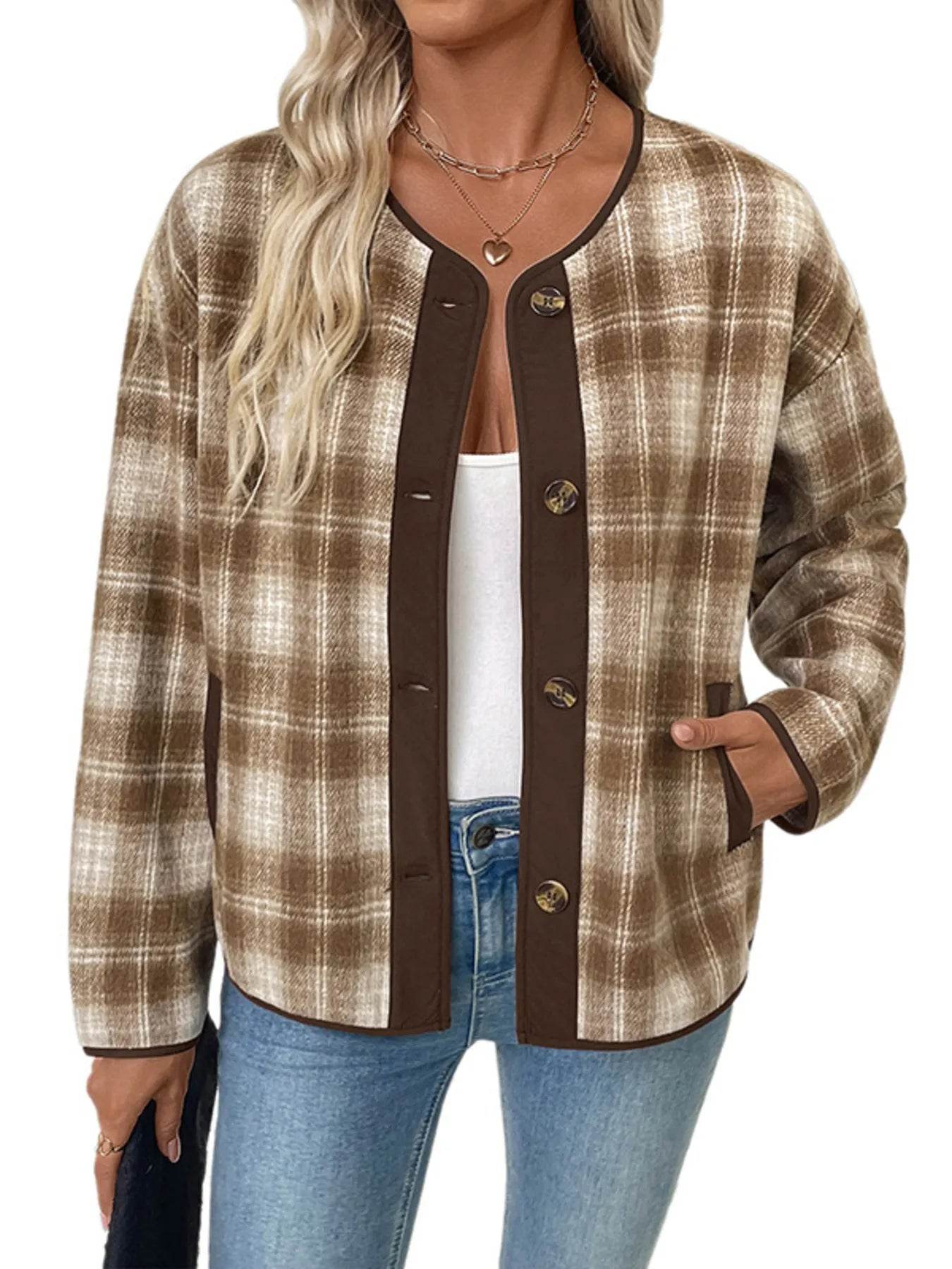 Plaid Long Sleeve Button-Up Jacket - ELY VESSA LLC