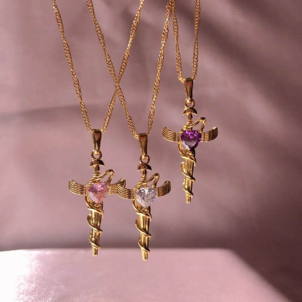 Copper Zircon Cross Pendant Necklace - ELY VESSA LLC