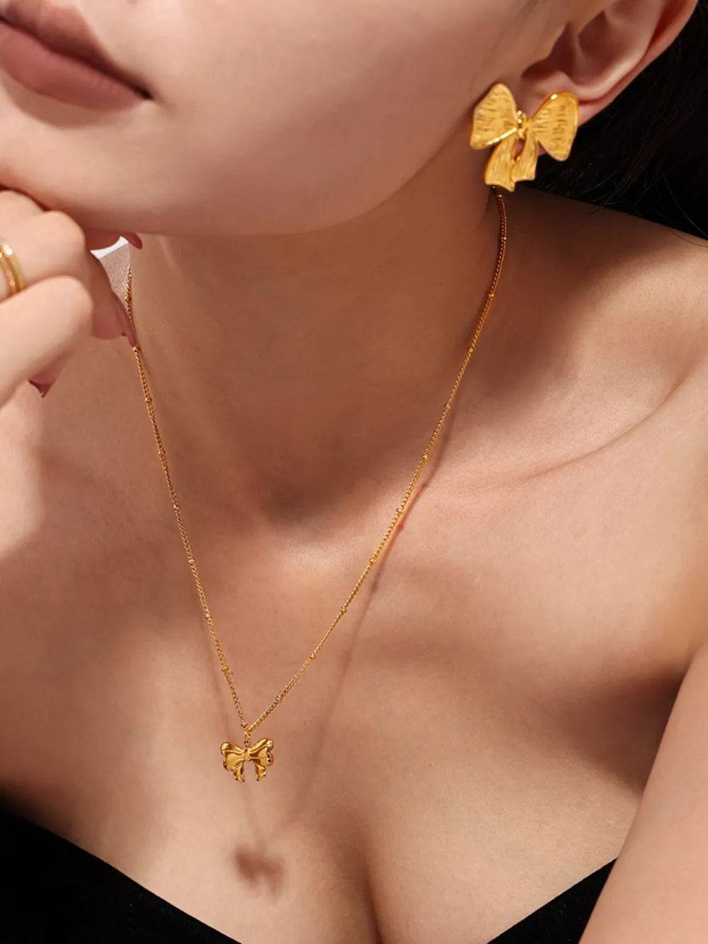 18K Gold-Plated Stainless Steel Bow Earrings and Necklace Set - ELY VESSA LLC
