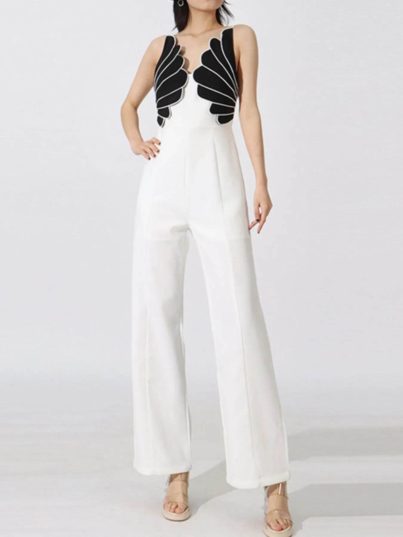 Contrast Sleeveless Wide-Leg Jumpsuit - ELY VESSA LLC