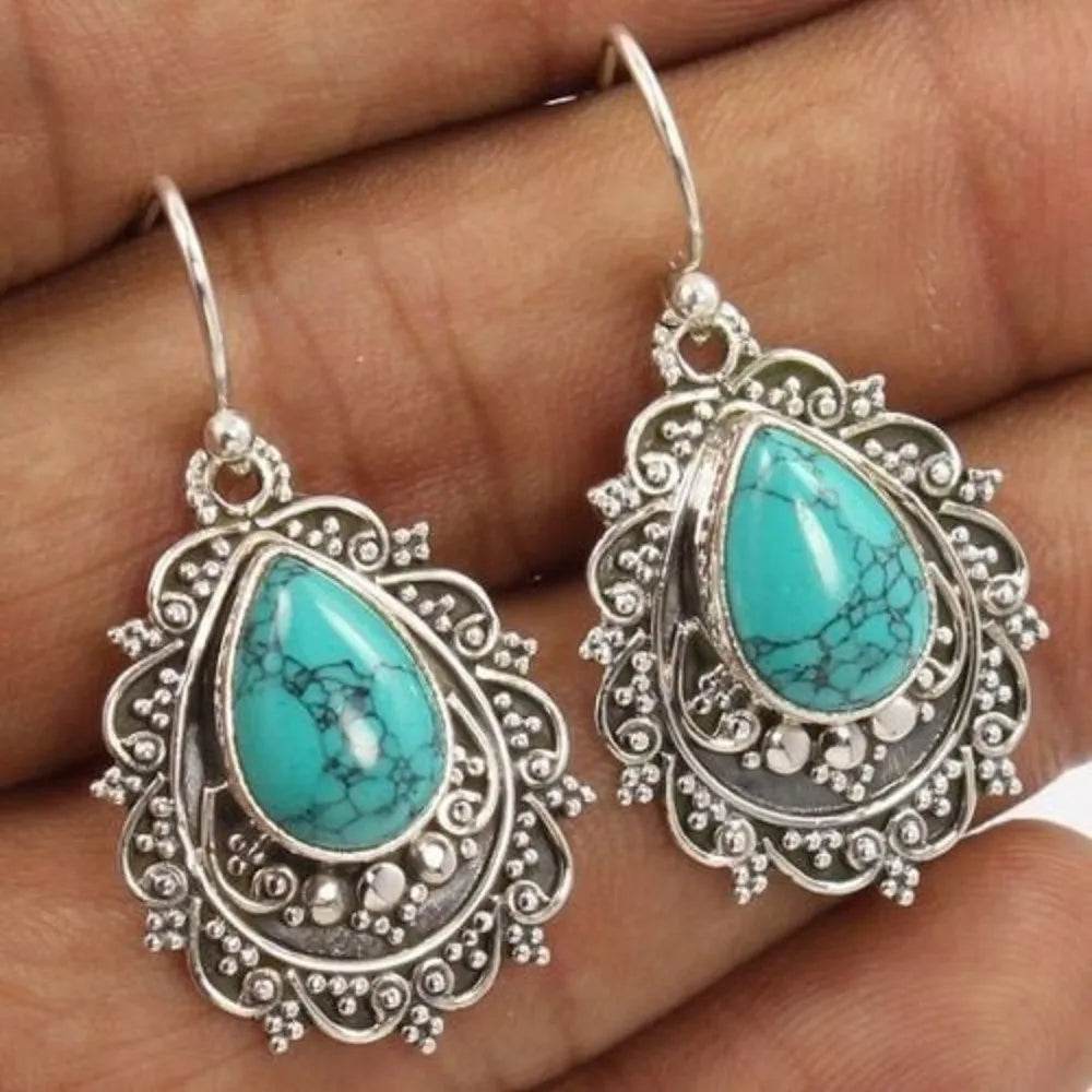Artificial Turquoise Alloy Teardrop Dangle Earrings - ELY VESSA LLC